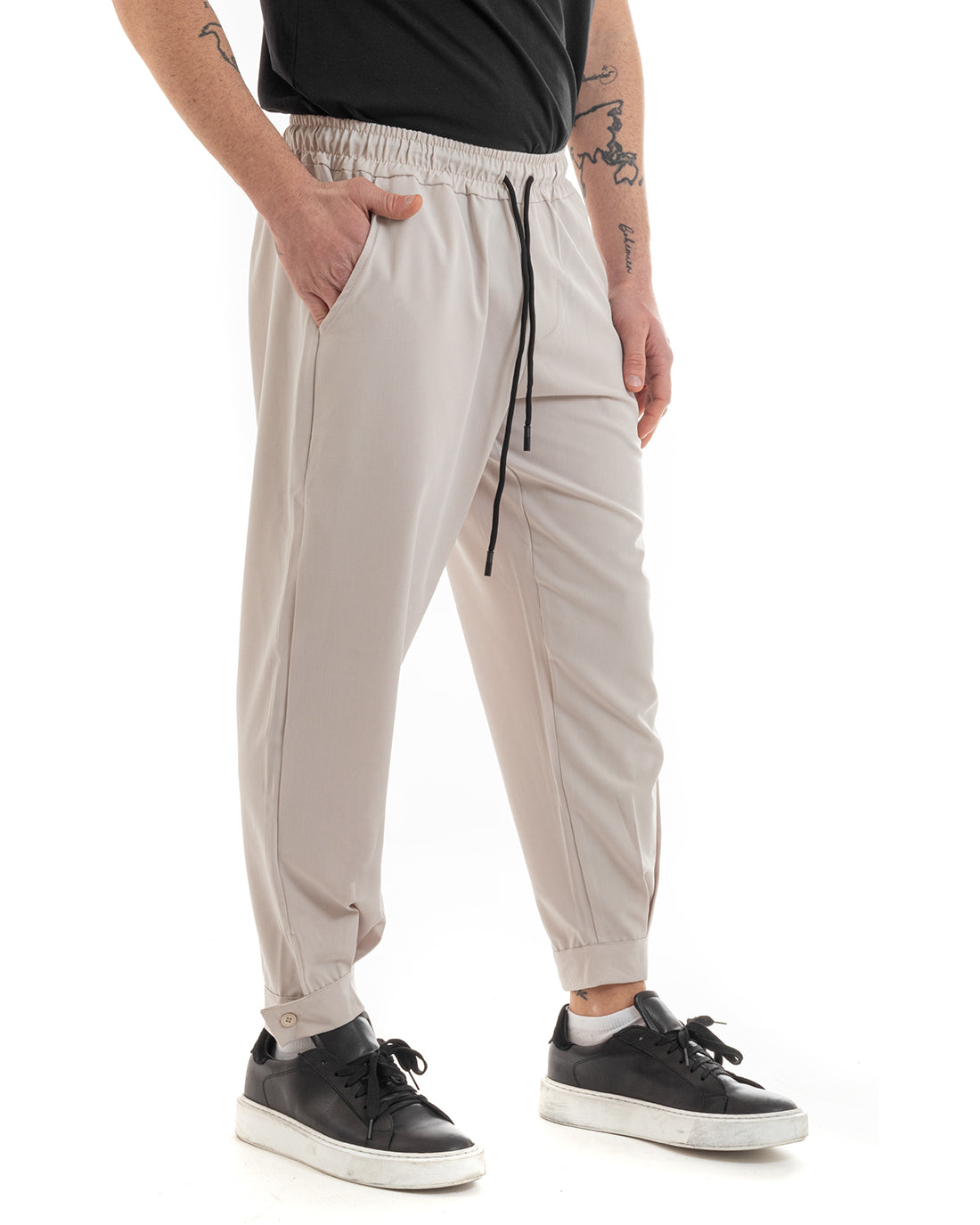 Pantaloni Uomo Pantalaccio Viscosa Jogger Con Tasche America Con Elastico Casual Tinta Unita Beige GIOSAL-P5655A