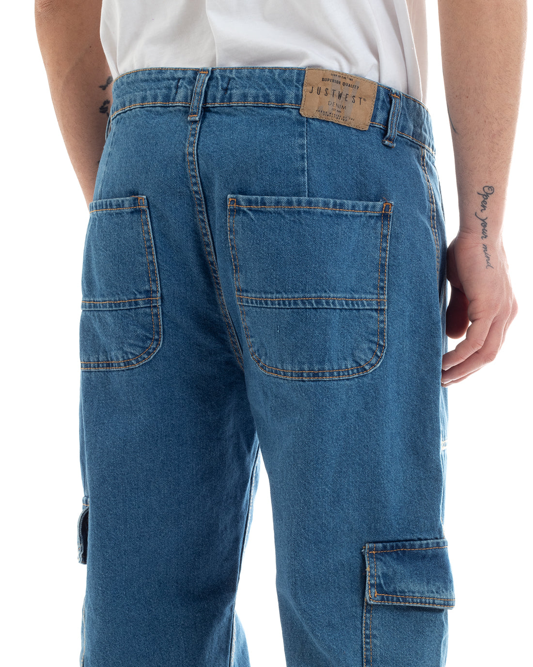Pantaloni Uomo Jeans Cargo Straight Fit Denim Scuro Casual GIOSAL-P5669A