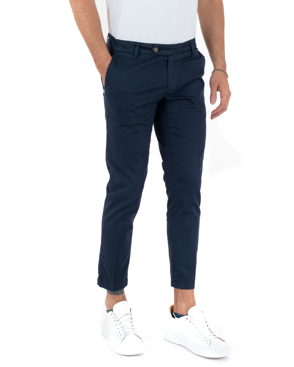 Pantaloni Uomo Cotone Tasca America Abbottonatura Allungata Capri Sartoriale Blu GIOSAL-P5686A