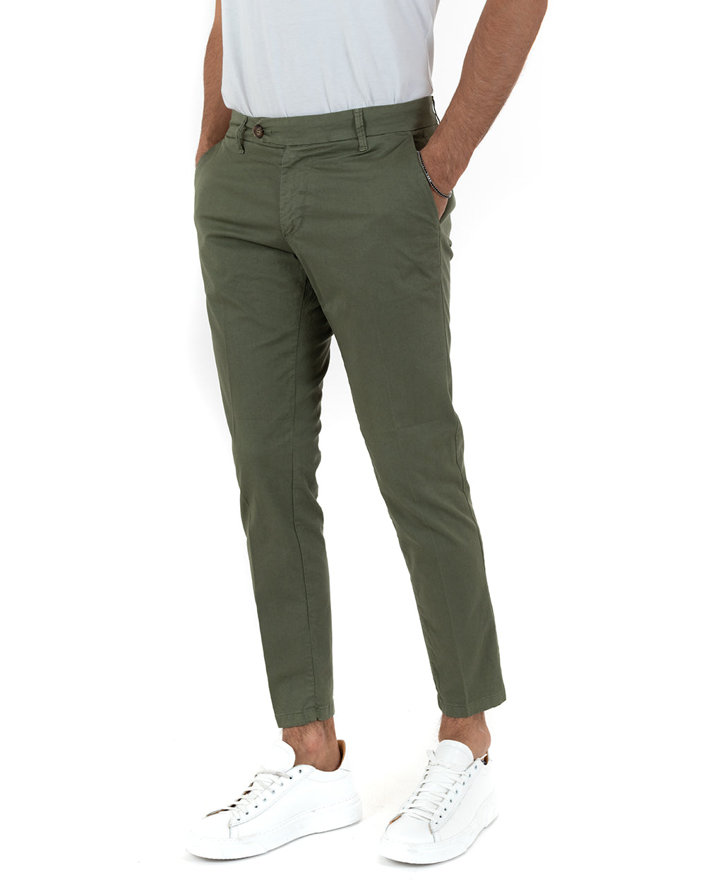Classic Long Men's Trousers Solid Color Green Long Button GIOSAL-P5687A