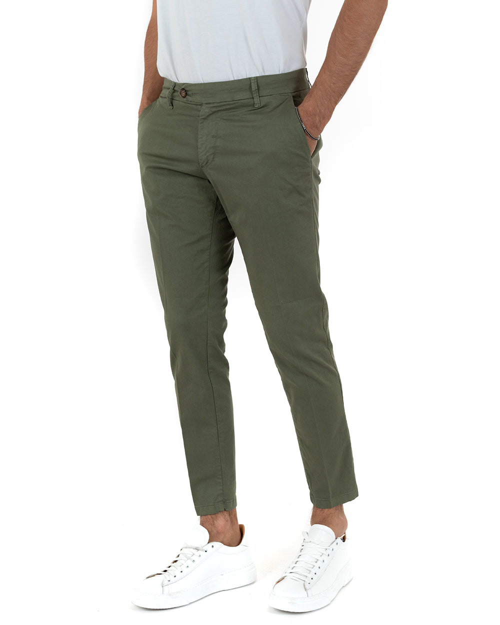 Pantaloni Uomo Cotone Tasca America Abbottonatura Allungata Capri Sartoriale Verde GIOSAL-P5687A