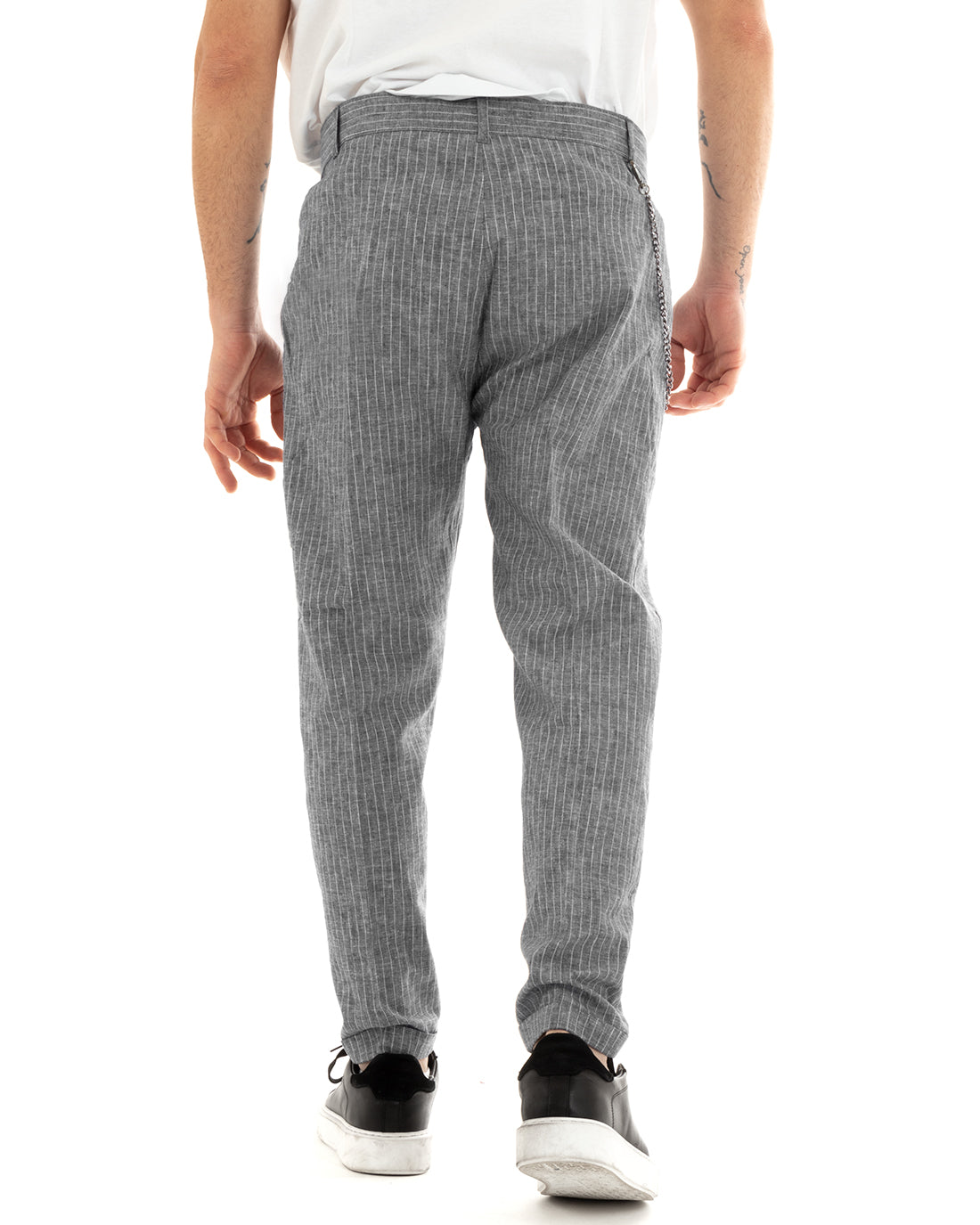 Pantaloni Uomo Lino Casual Regular Fit Rigato Gessato Con Tasca America Con Abbottonatura Allungata Grigio GIOSAL-P5755A