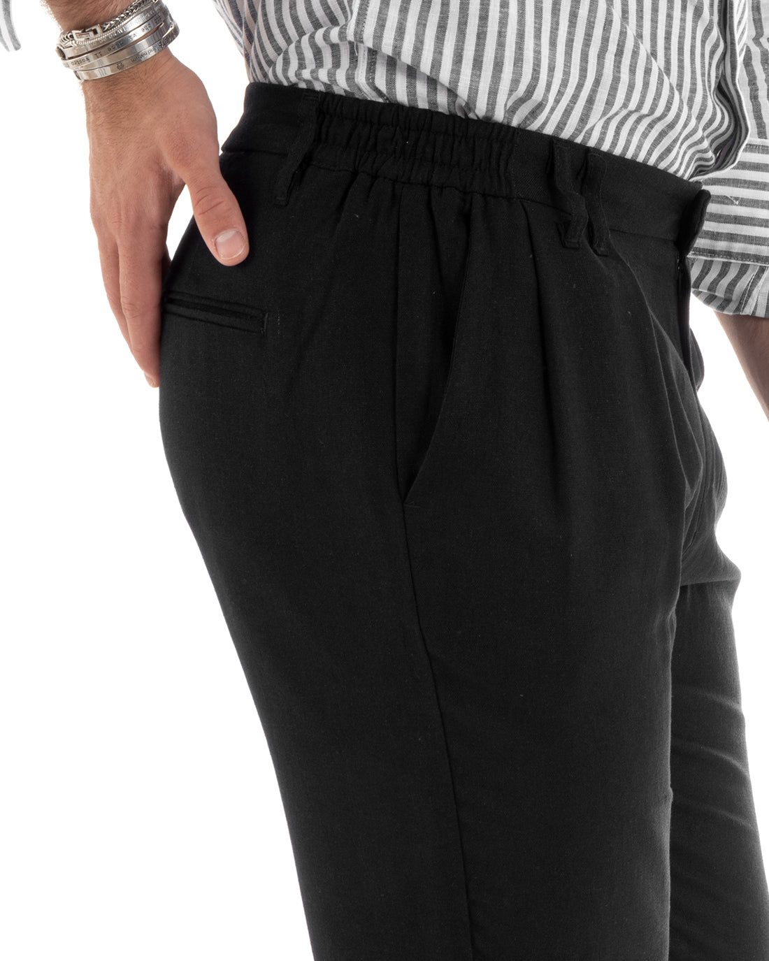 Pantaloni Uomo Lino Lungo Elastico Tinta Unita Nero Casual GIOSAL-P5779A