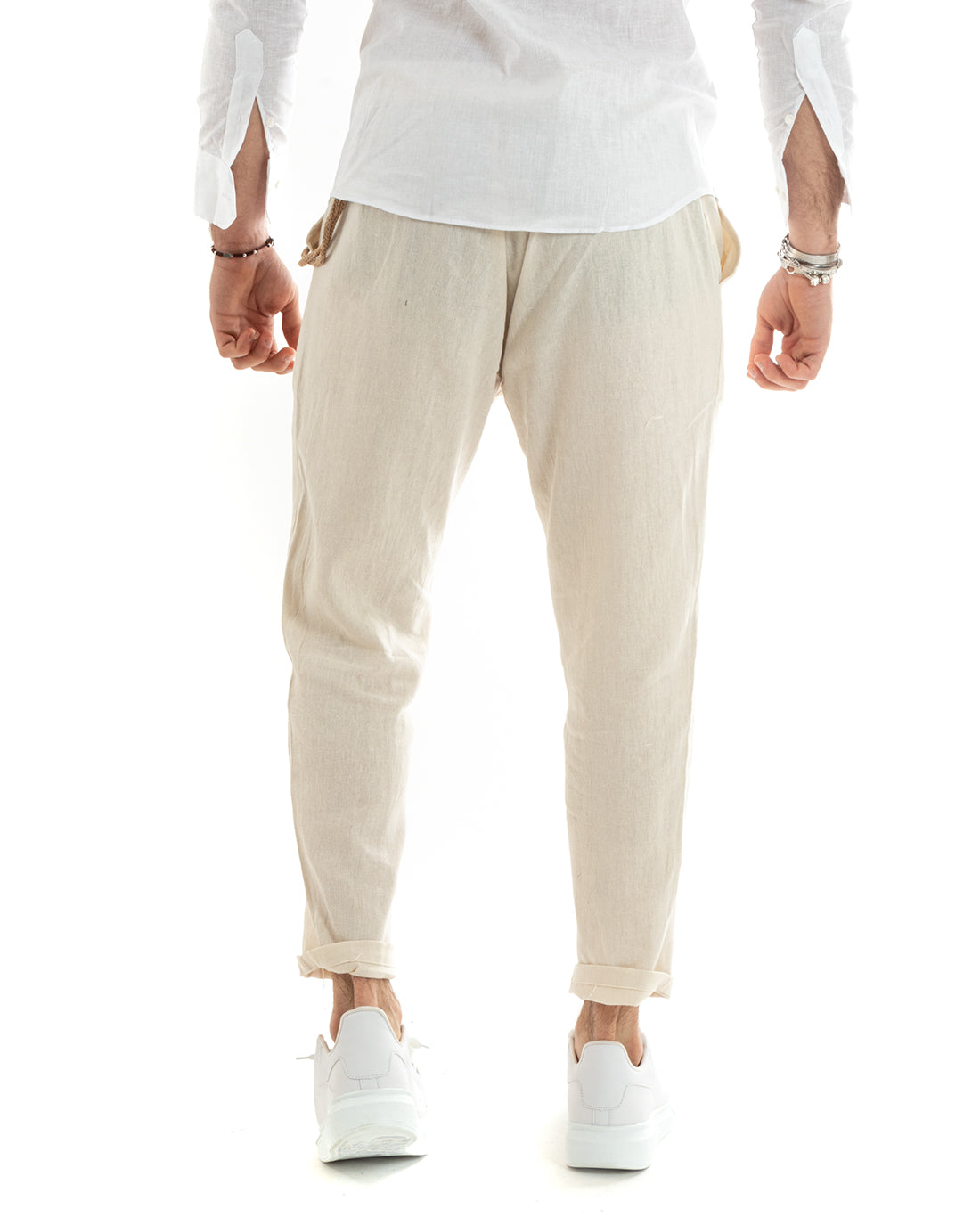 Pantaloni Uomo In Lino Tasca America Classico Sartoriale Comodo Casual Tinta Unita Beige GIOSAL-P5788A