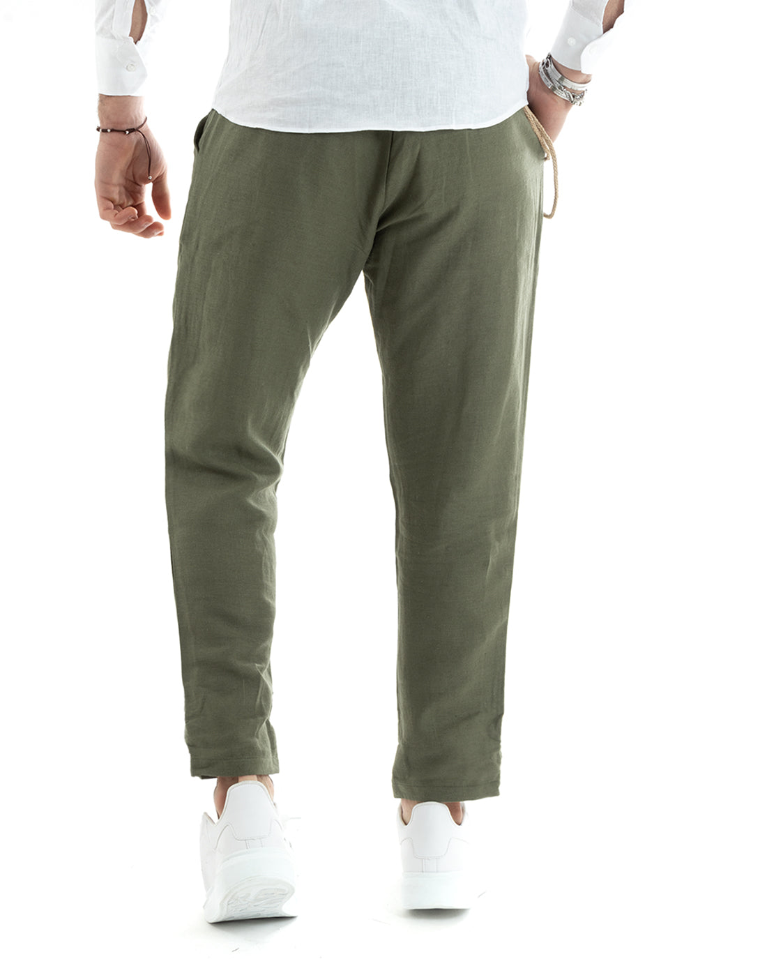 Long Men's Trousers Solid Color Green Linen Button Casual Classic GIOSAL-P5789A