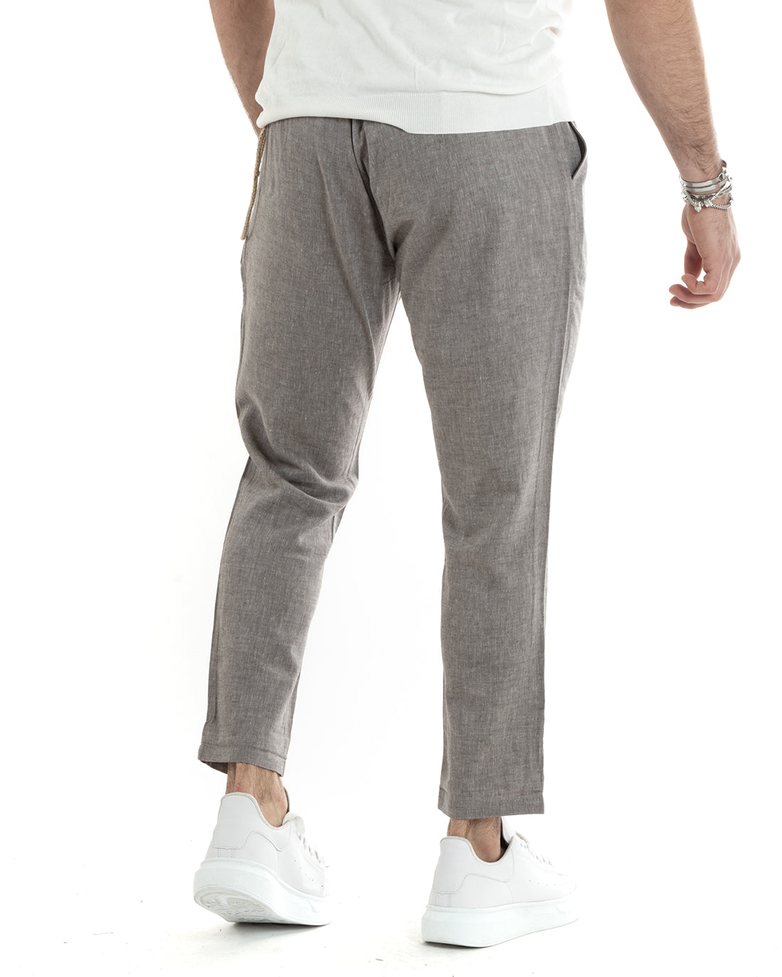 Long Men's Trousers Solid Color Taupe Melange Linen Button Casual Classic GIOSAL-P5797A