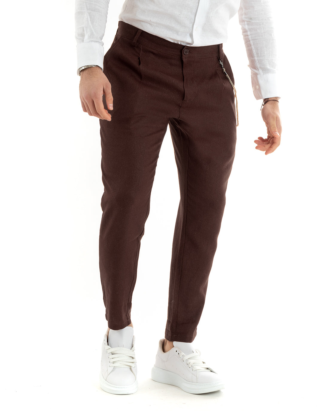 Men's Long Plain Brown Linen Trousers Button Casual Classic GIOSAL-P5800A