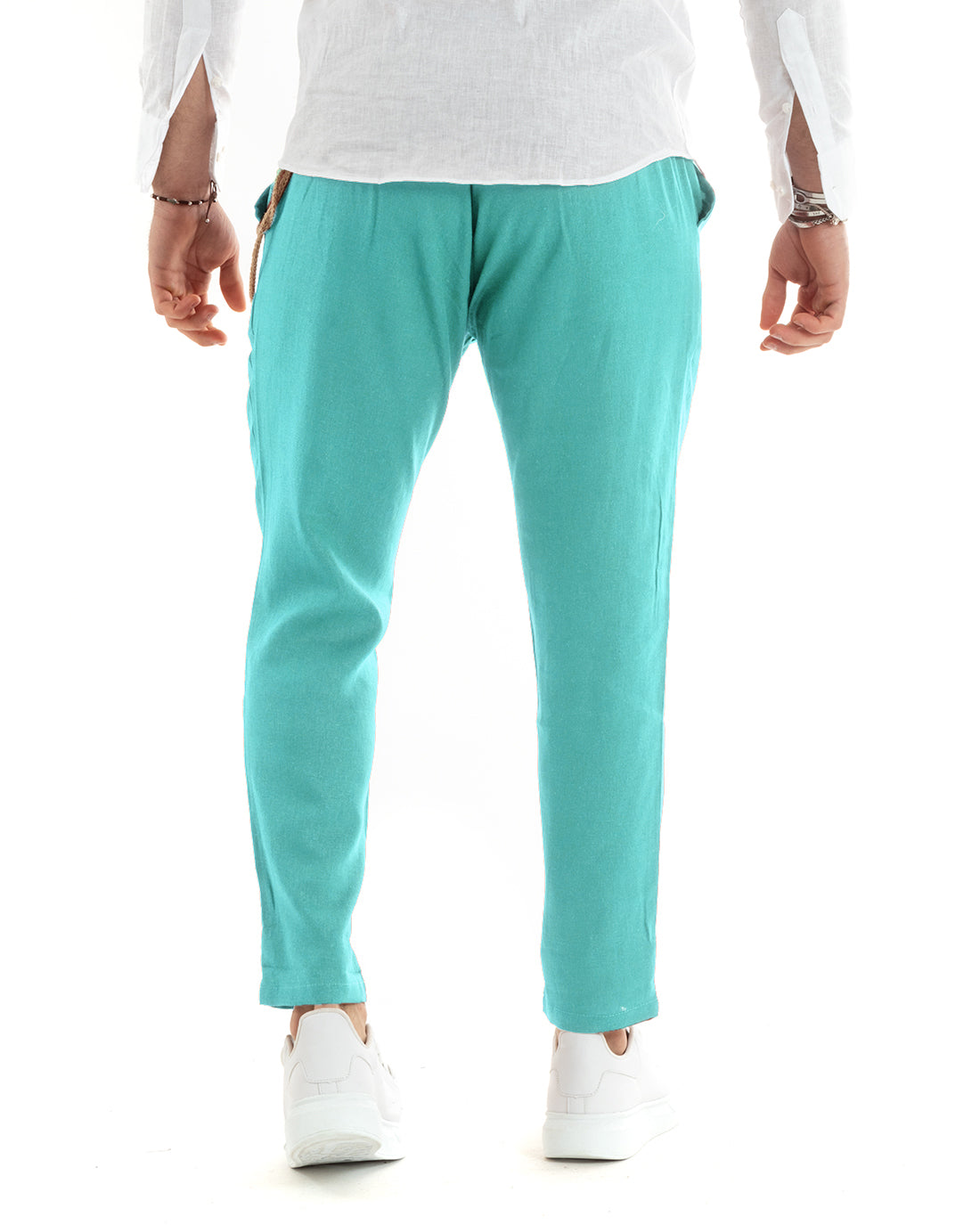 Long Men's Trousers Solid Color Turquoise Linen Button Casual Classic GIOSAL-P5802A