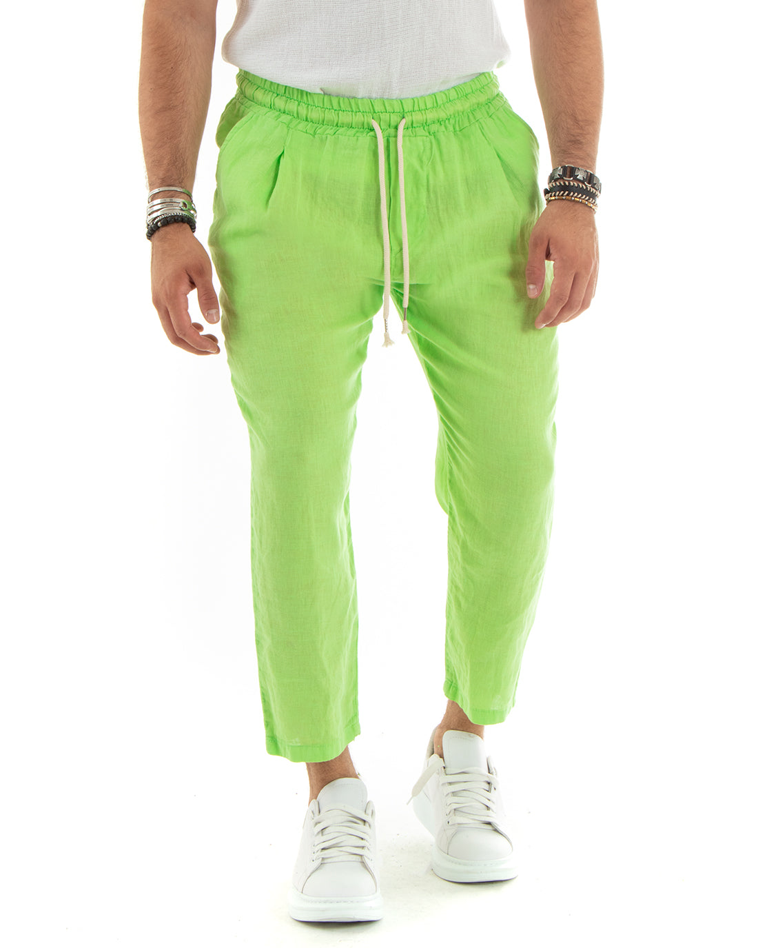 Pantaloni Uomo Lino Pantalaccio Lungo Elastico Verde Acido Casual Sartoriale GIOSAL-P5829A