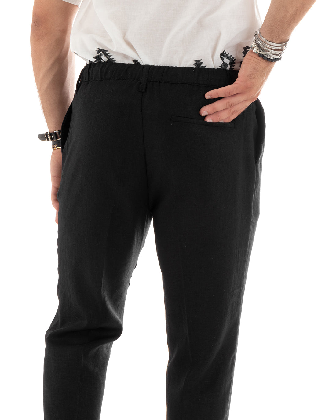 Pantaloni Uomo Lino Con Tasca America Basic Con Coulisse Elastico Sul Retro Casual Nero GIOSAL-P5832A