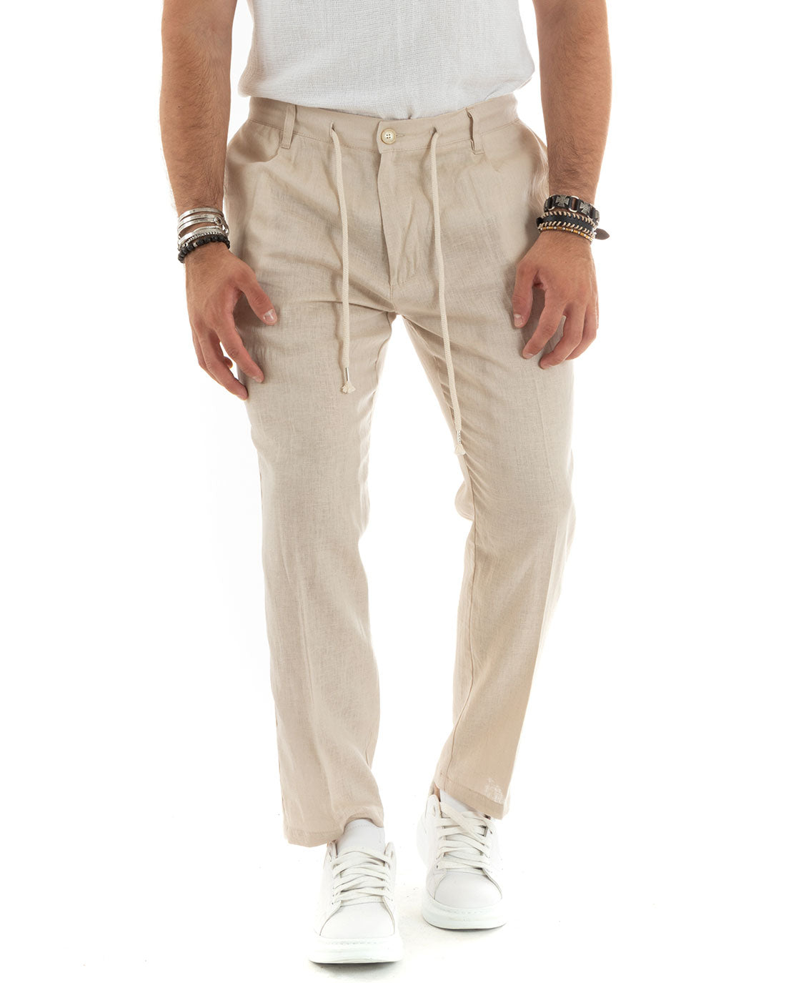 Pantaloni Uomo Lino Con Tasca America Basic Con Coulisse Elastico Sul Retro Casual Tinta Unita Beige GIOSAL-P5836A