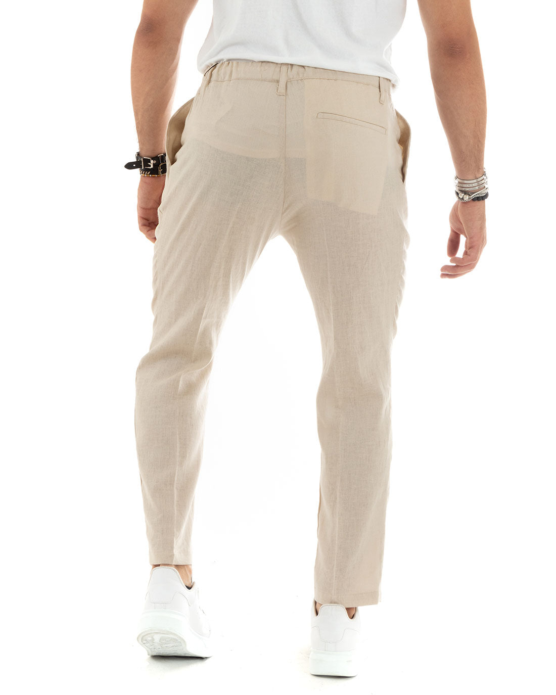 Pantaloni Uomo Lino Con Tasca America Basic Con Coulisse Elastico Sul Retro Casual Tinta Unita Beige GIOSAL-P5836A