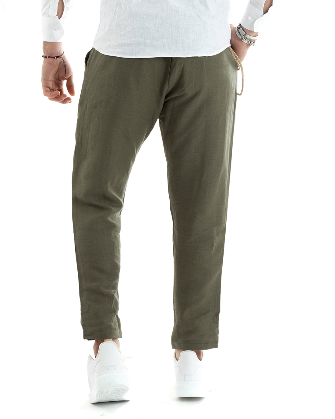 Pantaloni Uomo In Lino Tasca America Classico Sartoriale Comodo Casual Tinta Unita Verde Scuro GIOSAL-P5857A