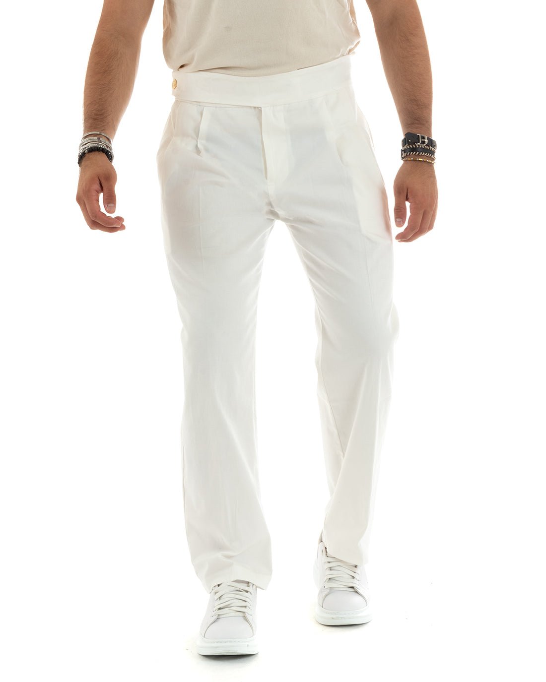 Pantaloni Uomo Morbido Cotone Baggy Con Bustino Allungato Con Pinces Con Tasche America Fondo Largo Tinta Unita Bianco GIOSAL-P5858A