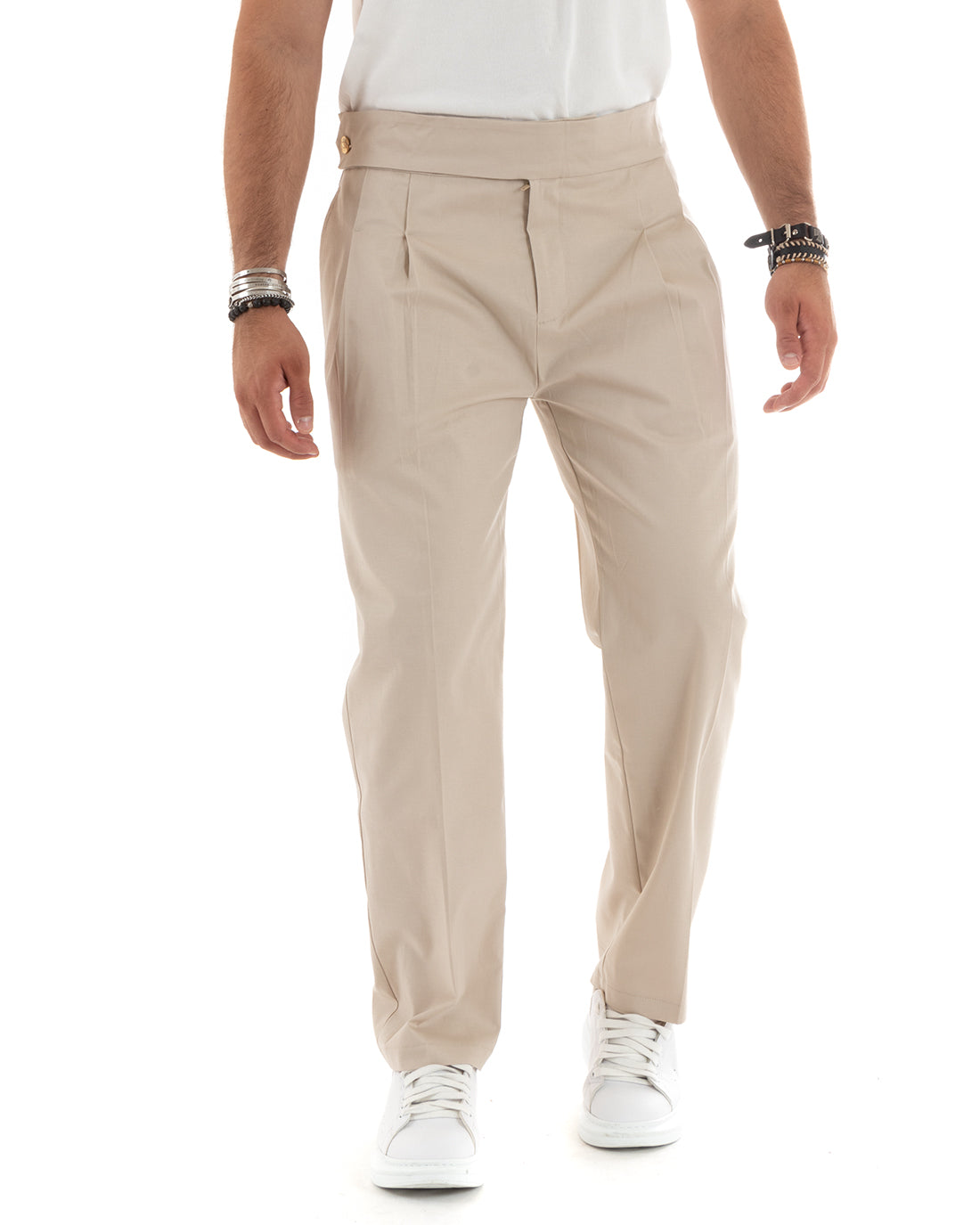 Pantaloni Uomo Morbido Cotone Baggy Con Bustino Allungato Con Pinces Con Tasche America Fondo Largo Tinta Unita Beige GIOSAL-P5859A