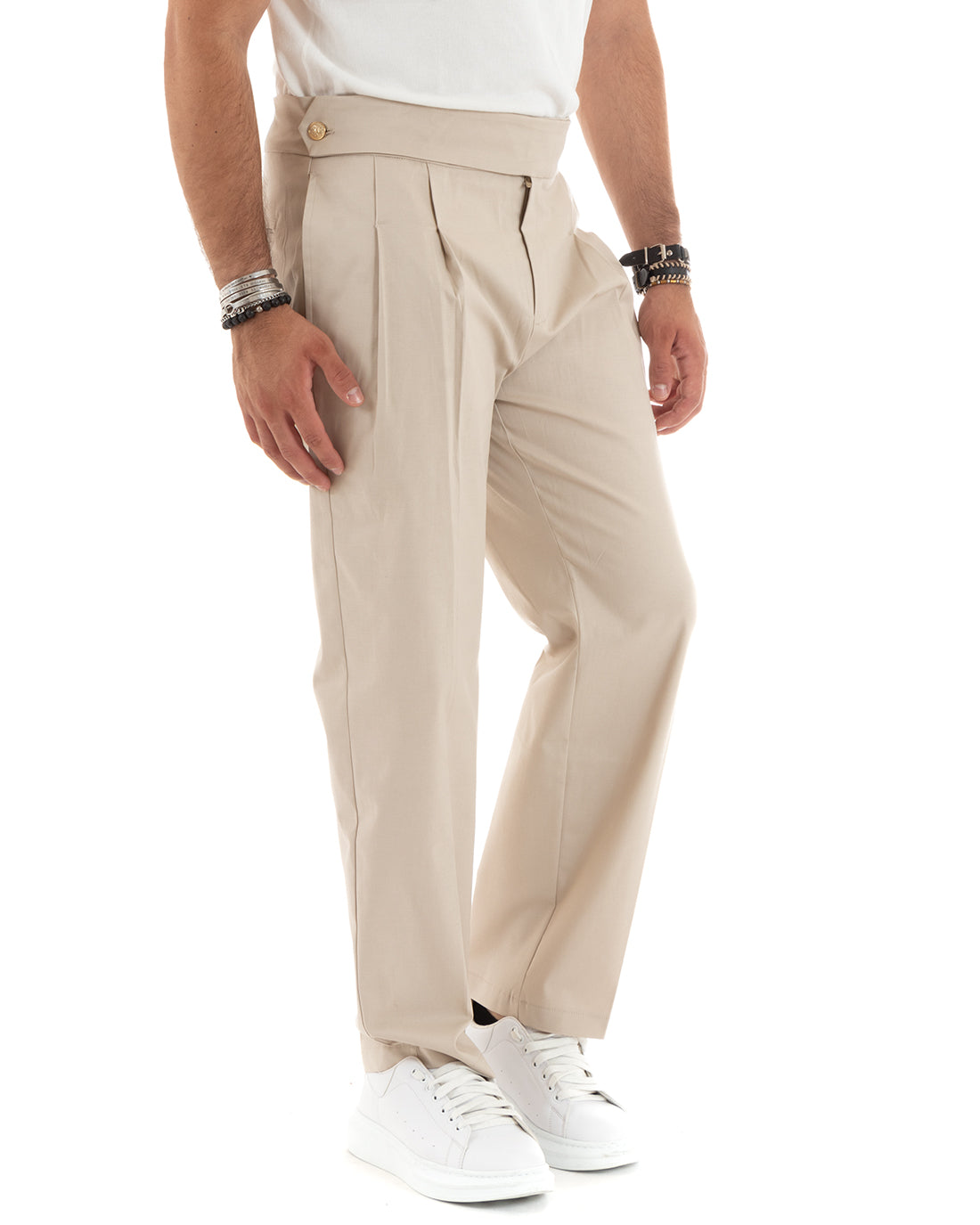 Pantaloni Uomo Morbido Cotone Baggy Con Bustino Allungato Con Pinces Con Tasche America Fondo Largo Tinta Unita Beige GIOSAL-P5859A