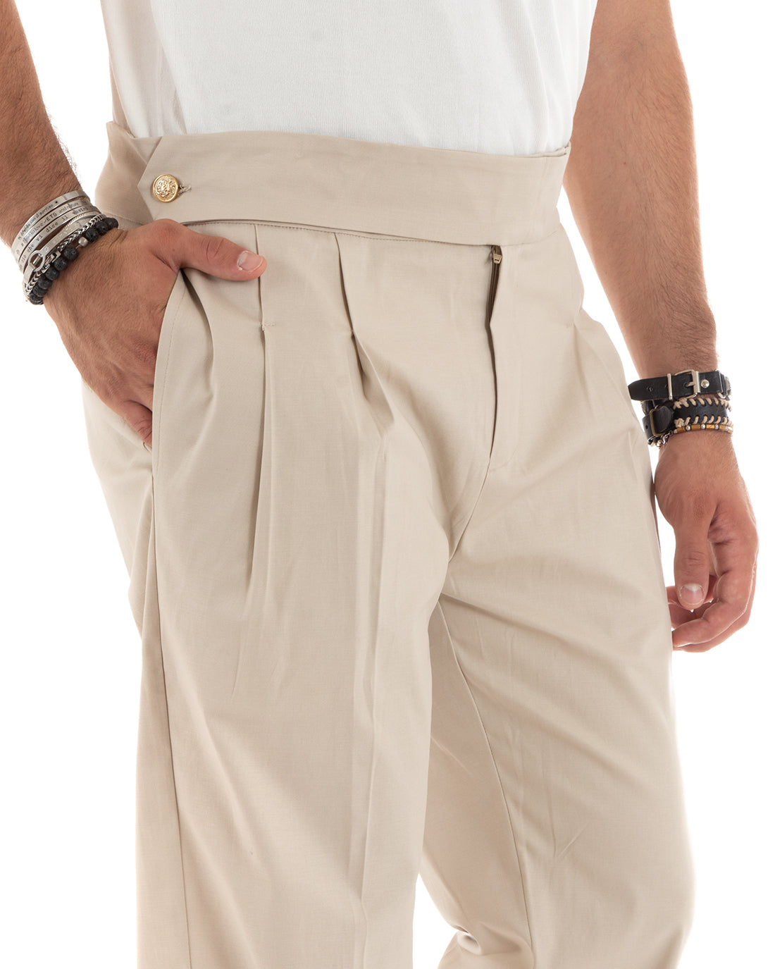 Pantaloni Uomo Morbido Cotone Baggy Con Bustino Allungato Con Pinces Con Tasche America Fondo Largo Tinta Unita Beige GIOSAL-P5859A