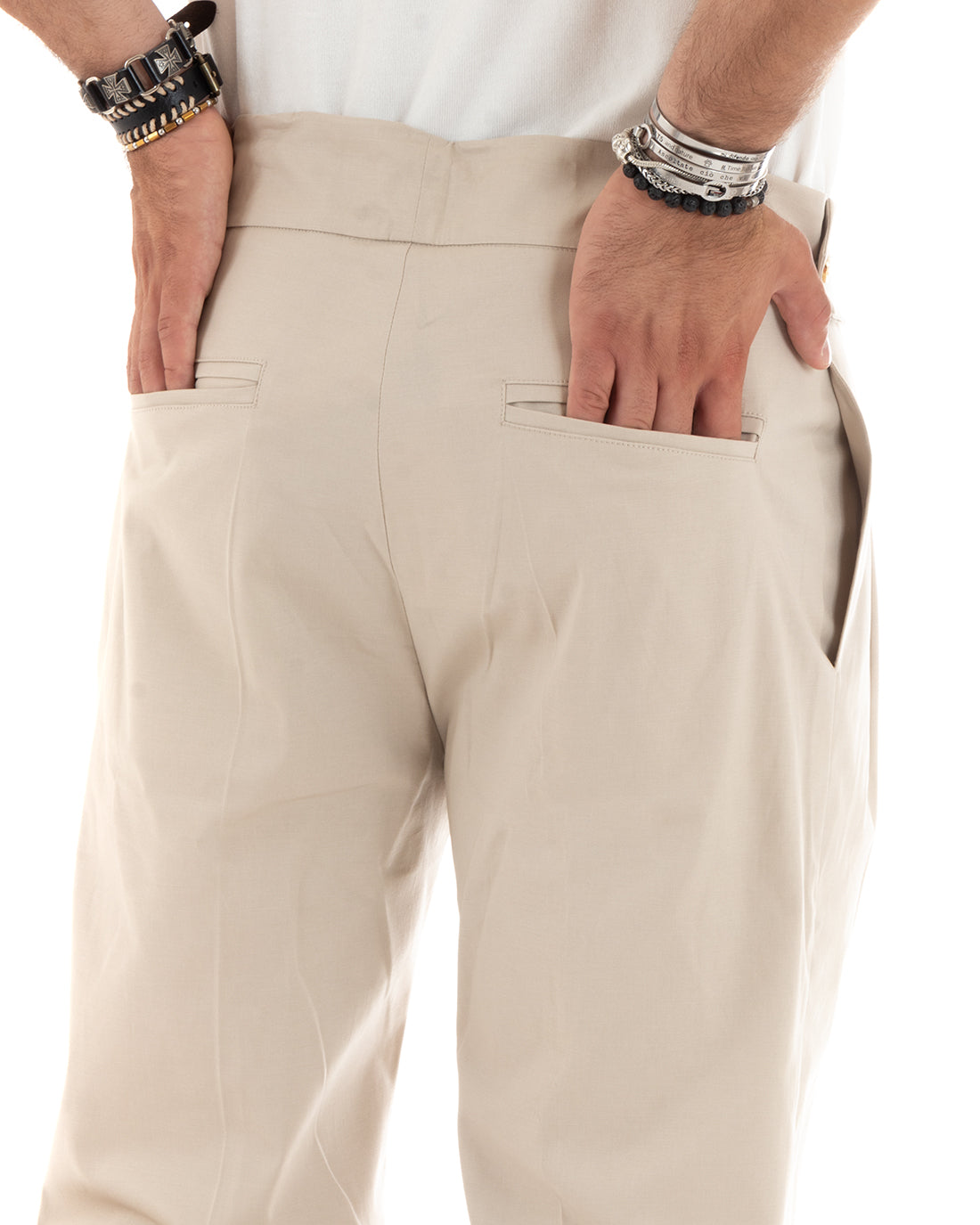 Pantaloni Uomo Morbido Cotone Baggy Con Bustino Allungato Con Pinces Con Tasche America Fondo Largo Tinta Unita Beige GIOSAL-P5859A