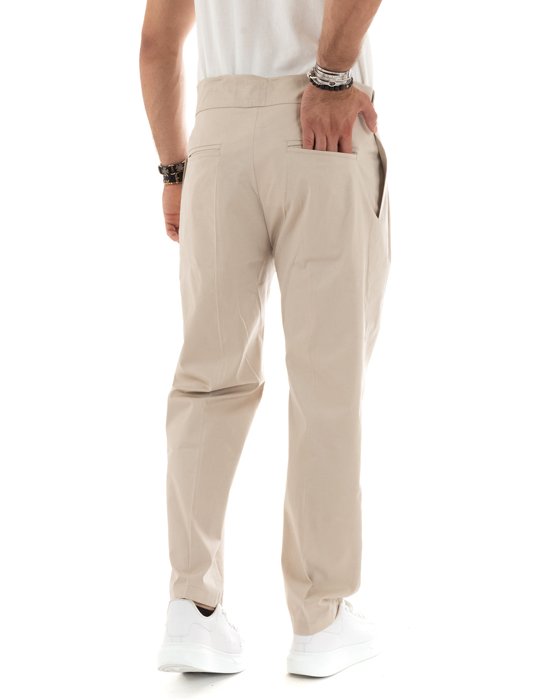 Pantaloni Uomo Morbido Cotone Baggy Con Bustino Allungato Con Pinces Con Tasche America Fondo Largo Tinta Unita Beige GIOSAL-P5859A