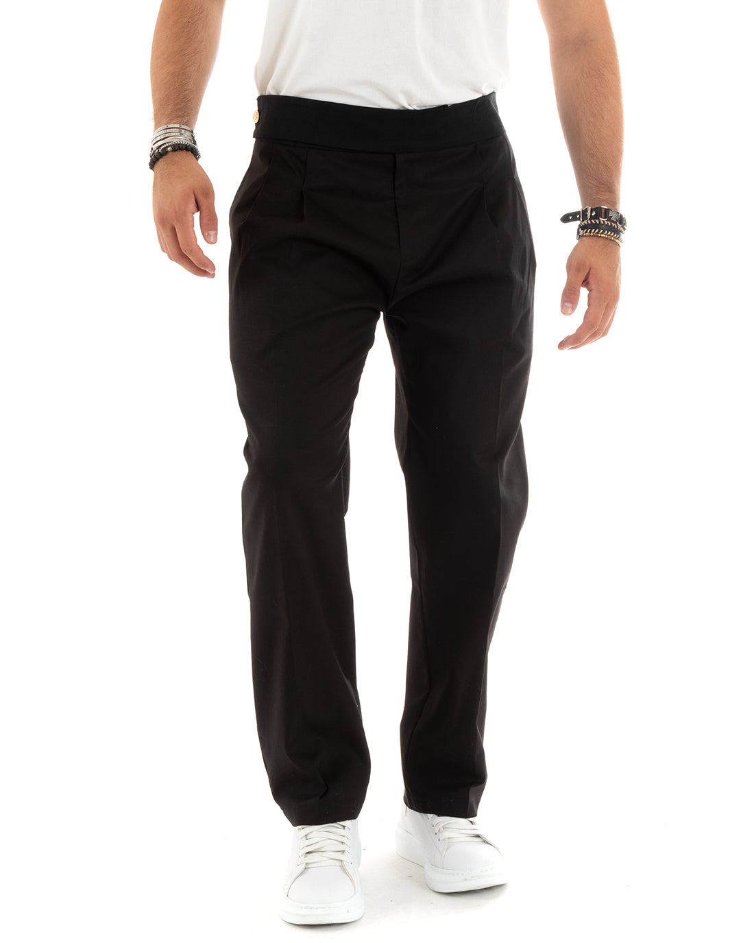 Pantaloni Uomo Morbido Cotone Baggy Con Bustino Allungato Con Pinces Con Tasche America Fondo Largo Tinta Unita Nero GIOSAL-P5860A