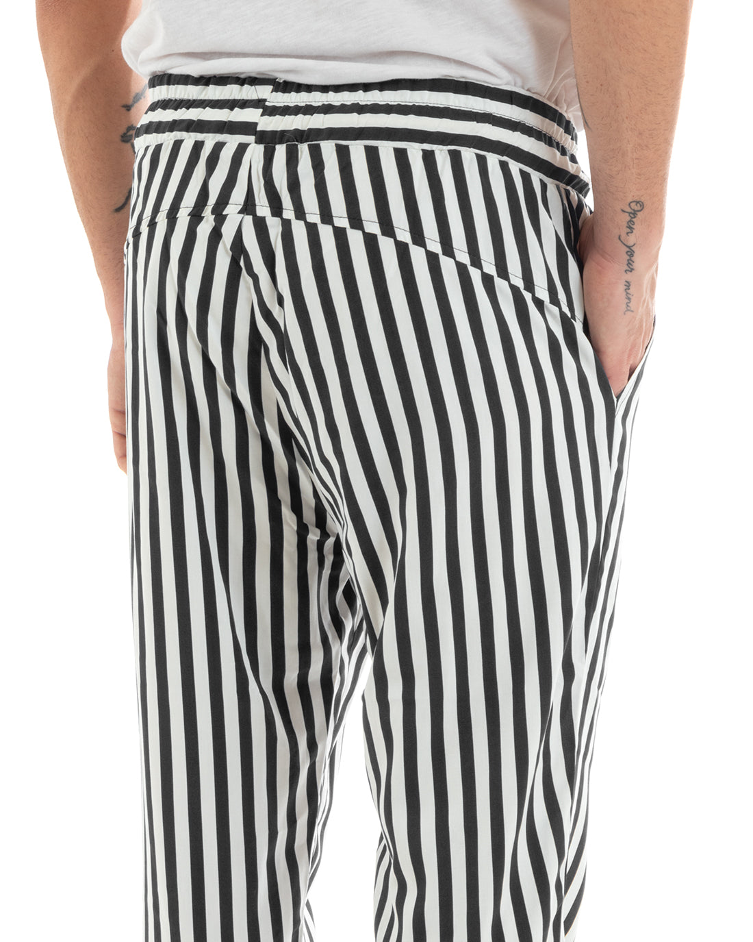 Men's Long Elastic Narrow Stripe Drawstring Waist Cotton Trousers Paul Barrell Black GIOSAL- P5869A