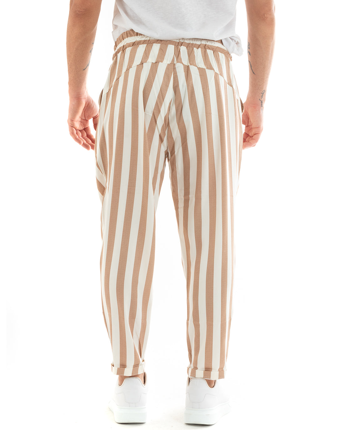 Paul Barrell Men's Long Elastic Trousers Wide Stripe Drawstring Waist Beige Cotton GIOSAL-P5878A