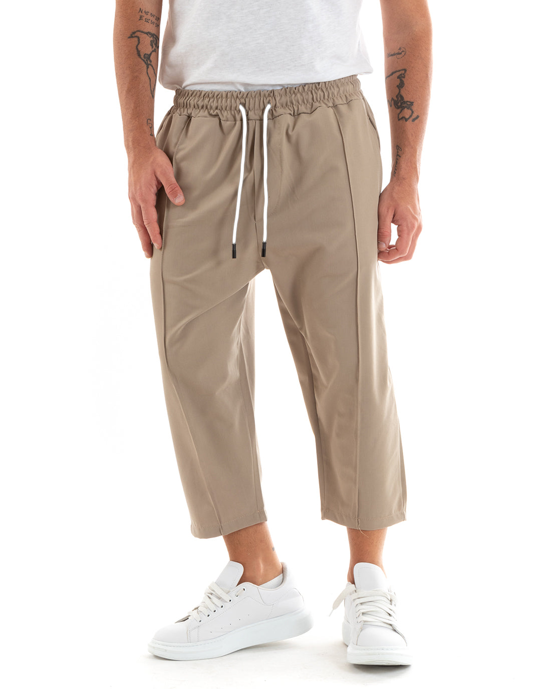 Pantaloni Uomo Pantalaccio Casual Jogger Japan Cropped Fondo Ampio Tinta Unita Camel GIOSAL-P5888A