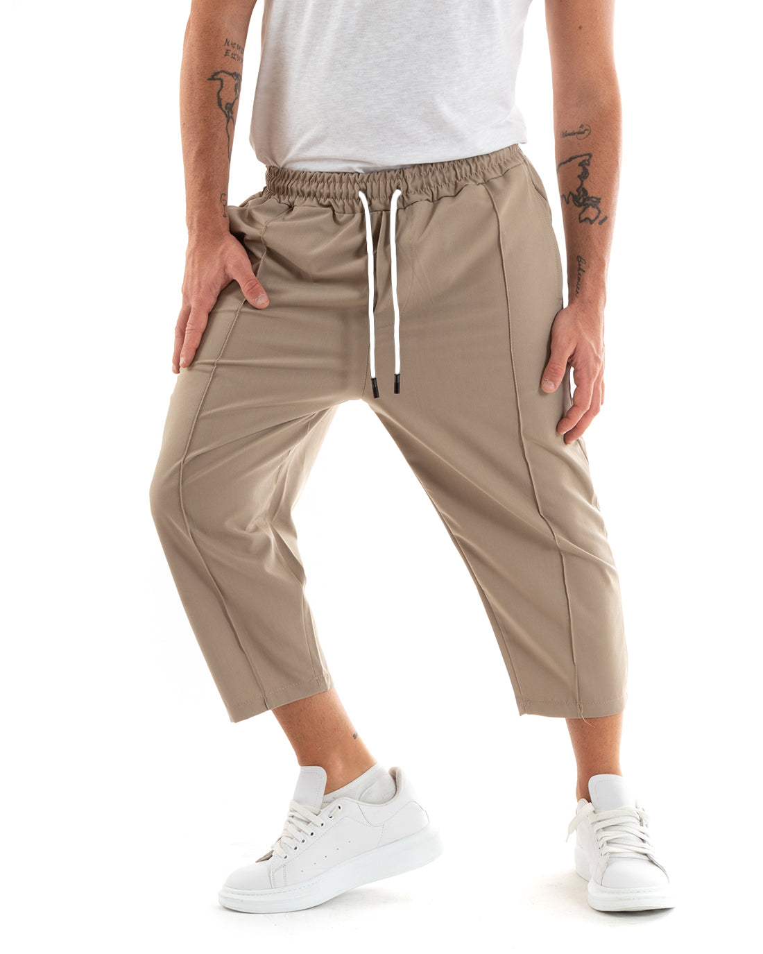 Pantaloni Uomo Pantalaccio Casual Jogger Japan Cropped Fondo Ampio Tinta Unita Camel GIOSAL-P5888A