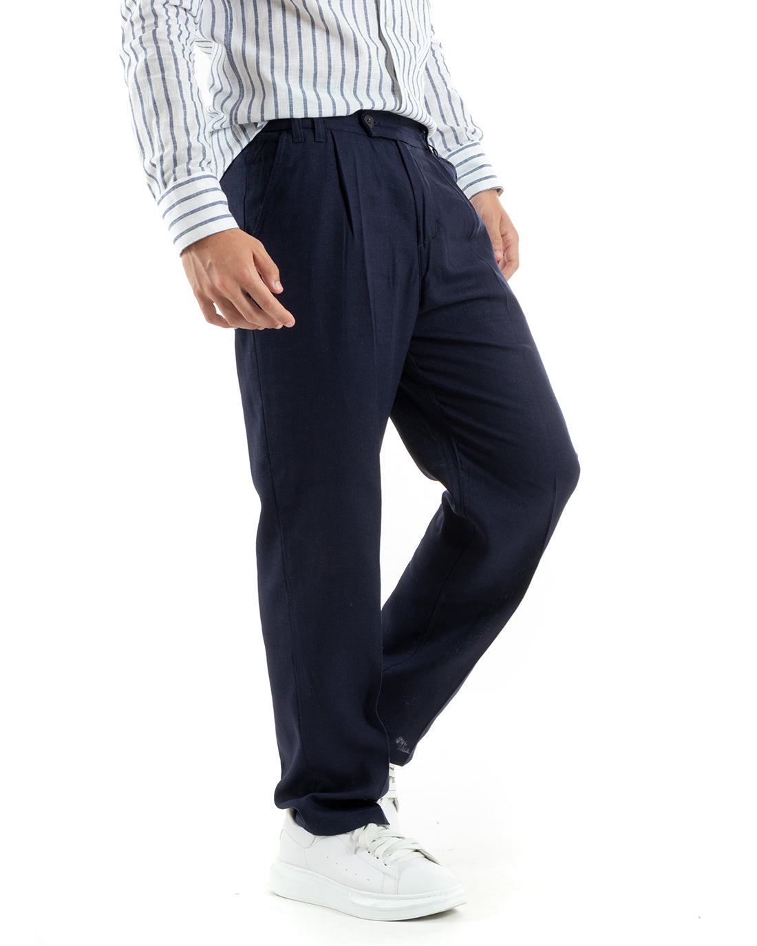 Men's Baggy Long Solid Color Trousers Elongated Elastic Button On The Back Linen Blue Casual GIOSAL-P5891A