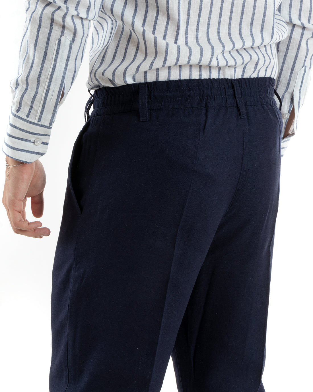 Men's Baggy Long Solid Color Trousers Elongated Elastic Button On The Back Linen Blue Casual GIOSAL-P5891A