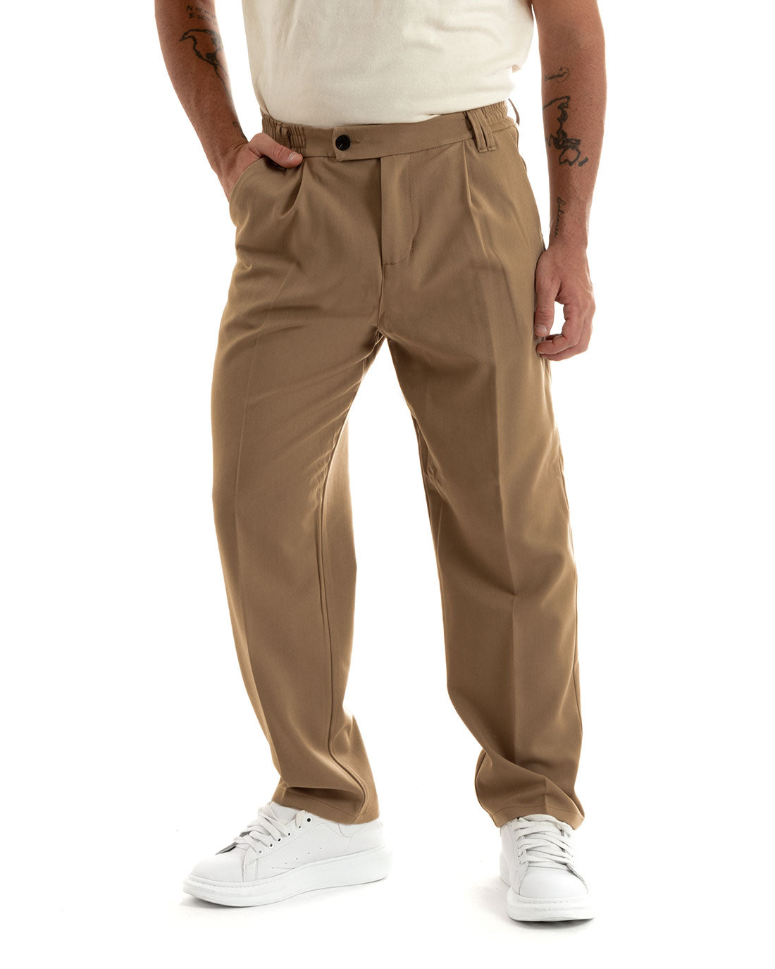 Men's Baggy Long Trousers Solid Color Wide Leg Elastic on the Back Sides Elongated Button Camel Casual Elegant GIOSAL- P5913A