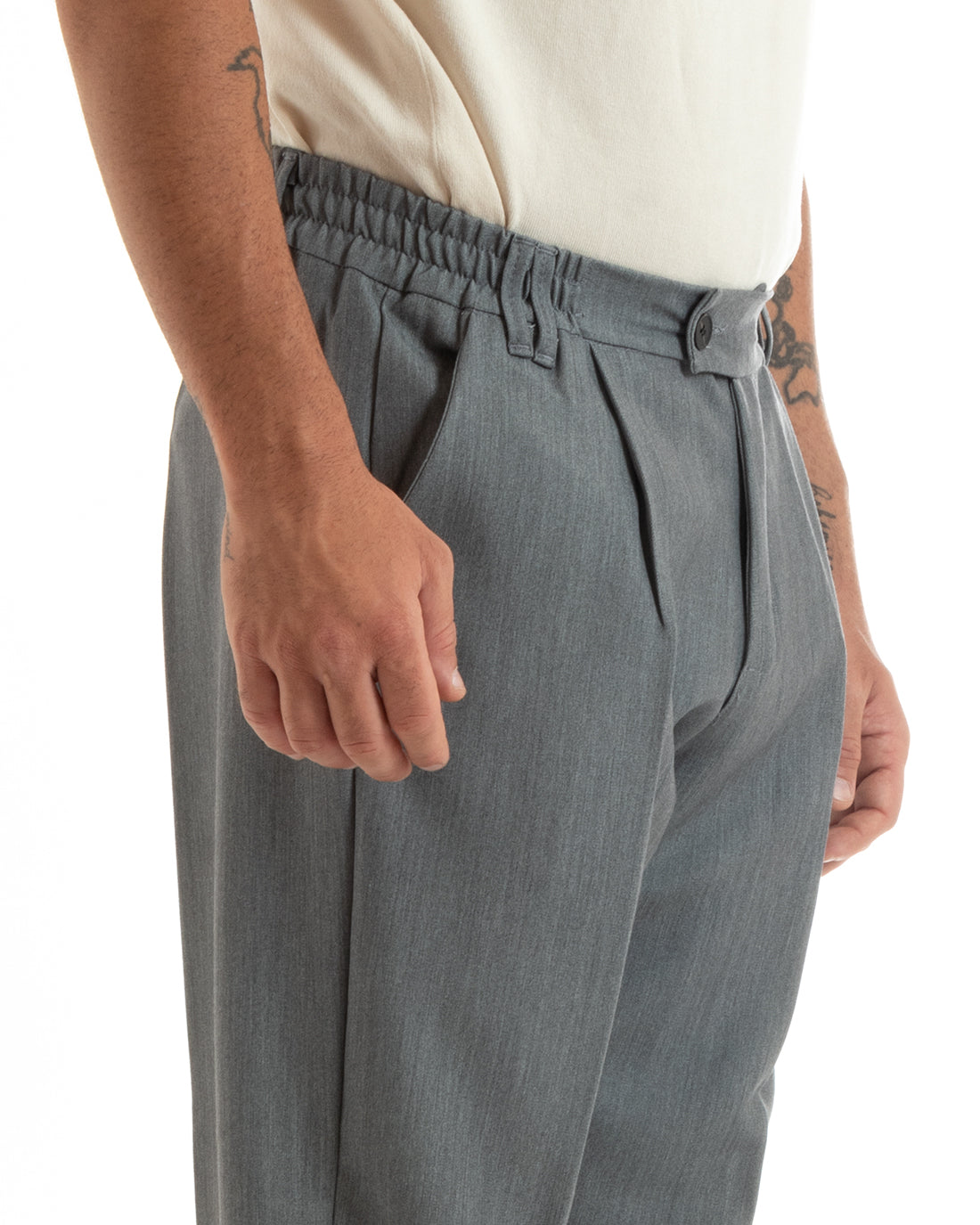 Men's Long Baggy Pants Solid Color Wide Leg Elastic on the Back Sides Elongated Button Gray Casual Elegant GIOSAL- P5914A