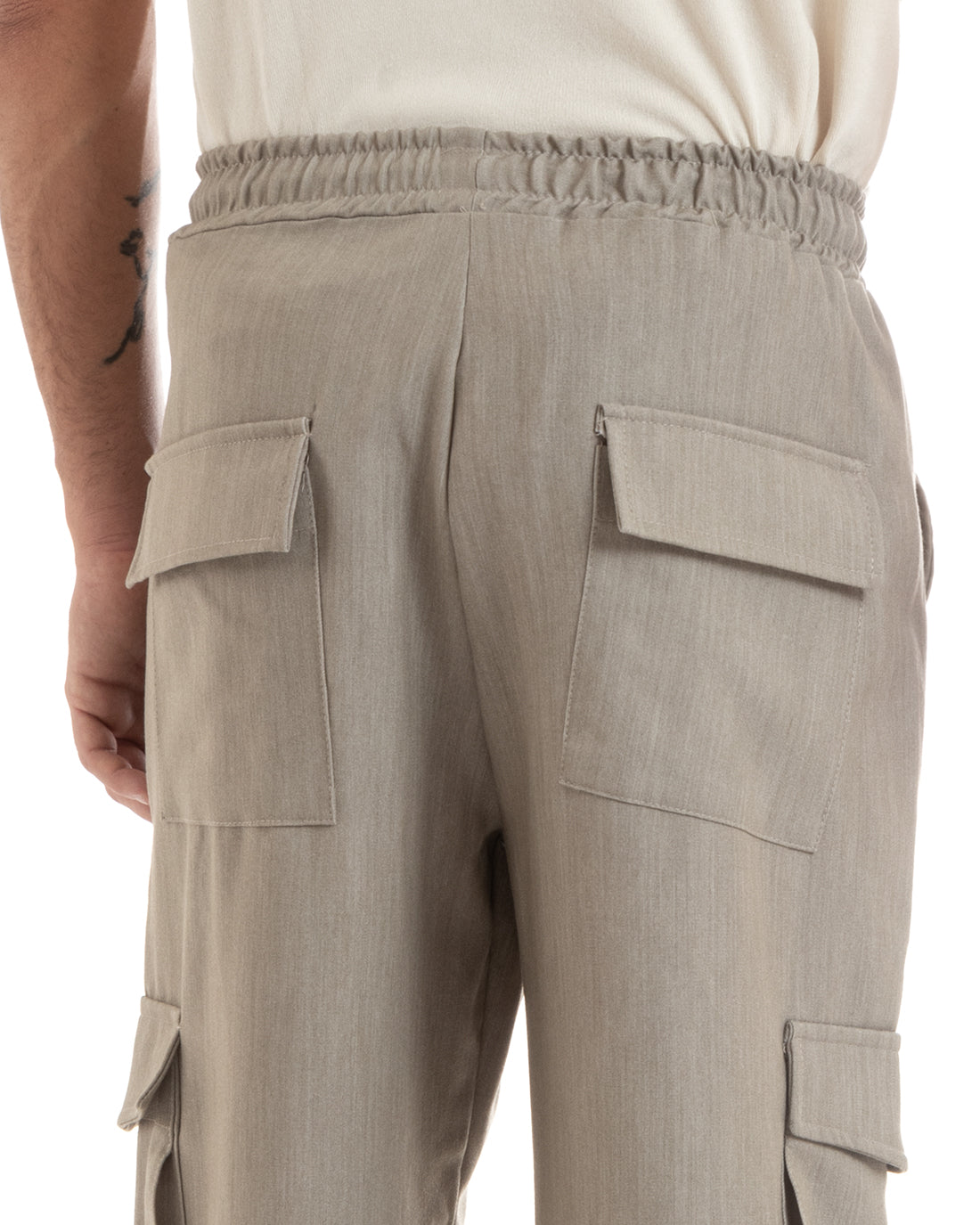 Men's Long Baggy Trousers Solid Color Wide Leg Elastic Pockets Melanged Beige GIOSAL- P5919A
