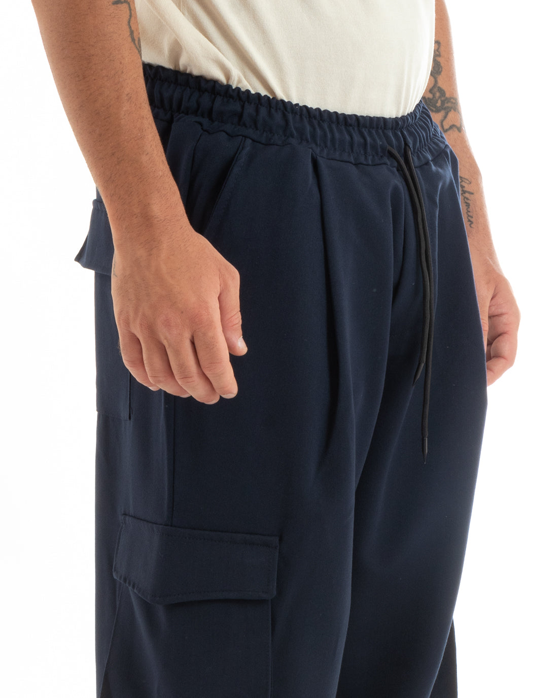 Pantaloni Uomo Baggy Lunghi Wide Leg Pantalaccio Fondo Largo Jogger Cargo Con Tasconi Blu GIOSAL-P5920A