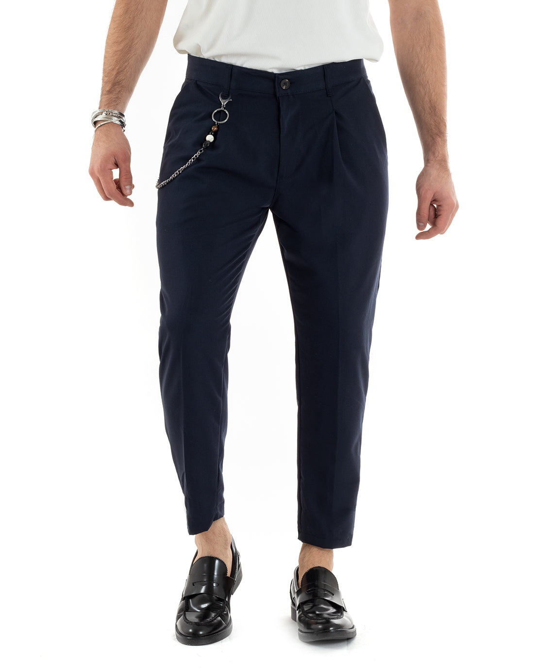 Pantaloni Uomo Tasca America Viscosa Blu Capri Casual Classico Pinces GIOSAL-P5947A