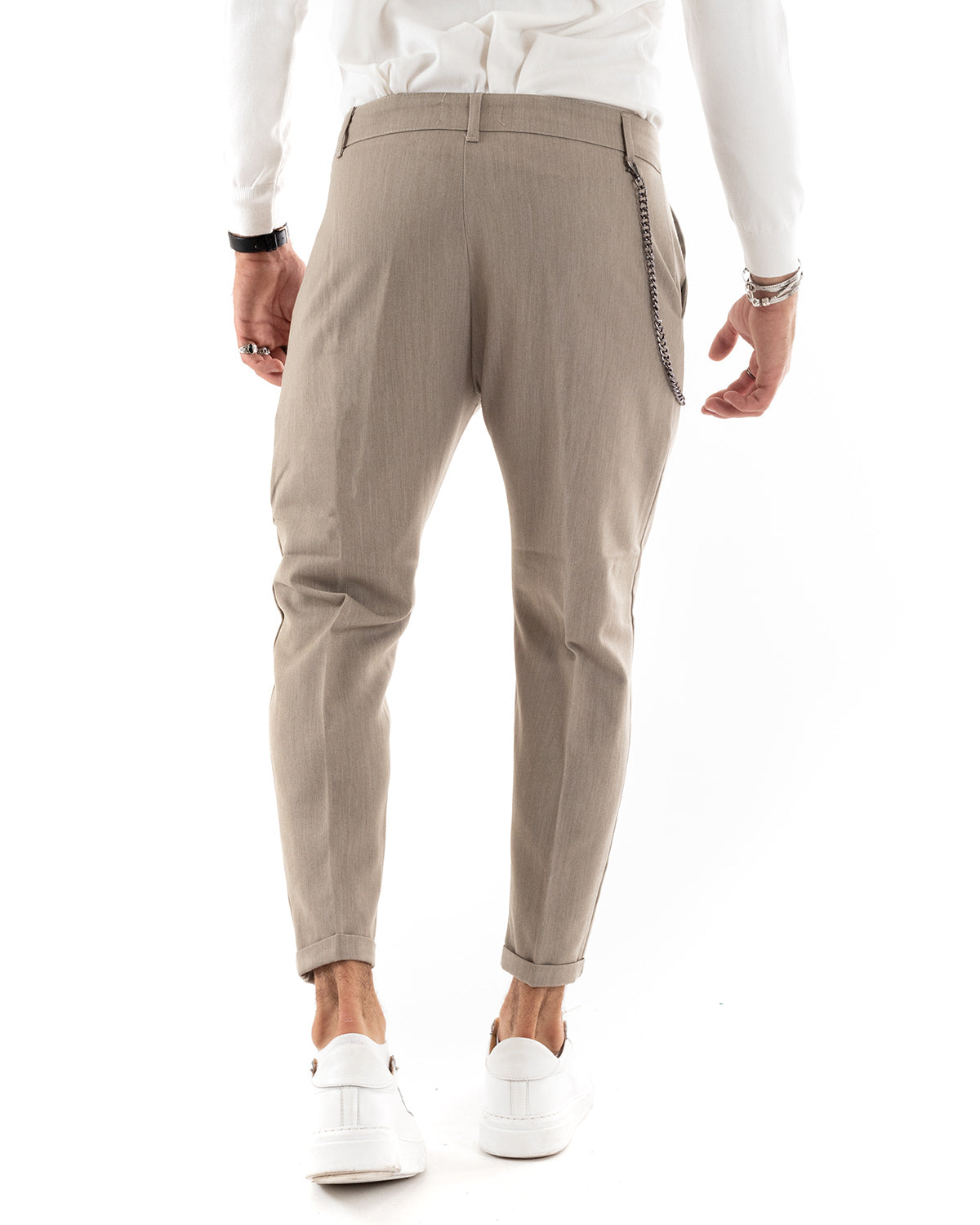 Pantaloni Uomo Viscosa Tasca America Classico Abbottonatura Allungata Casual Beige Melangiato GIOSAL-P5957A