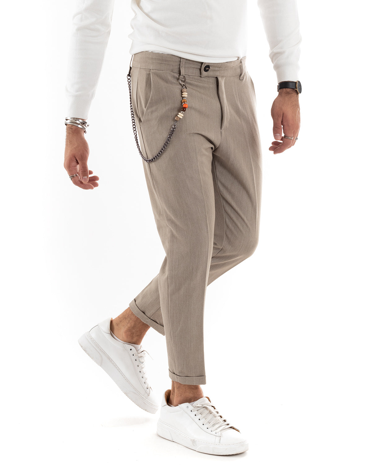 Pantaloni Uomo Viscosa Tasca America Classico Abbottonatura Allungata Casual Beige Melangiato GIOSAL-P5957A