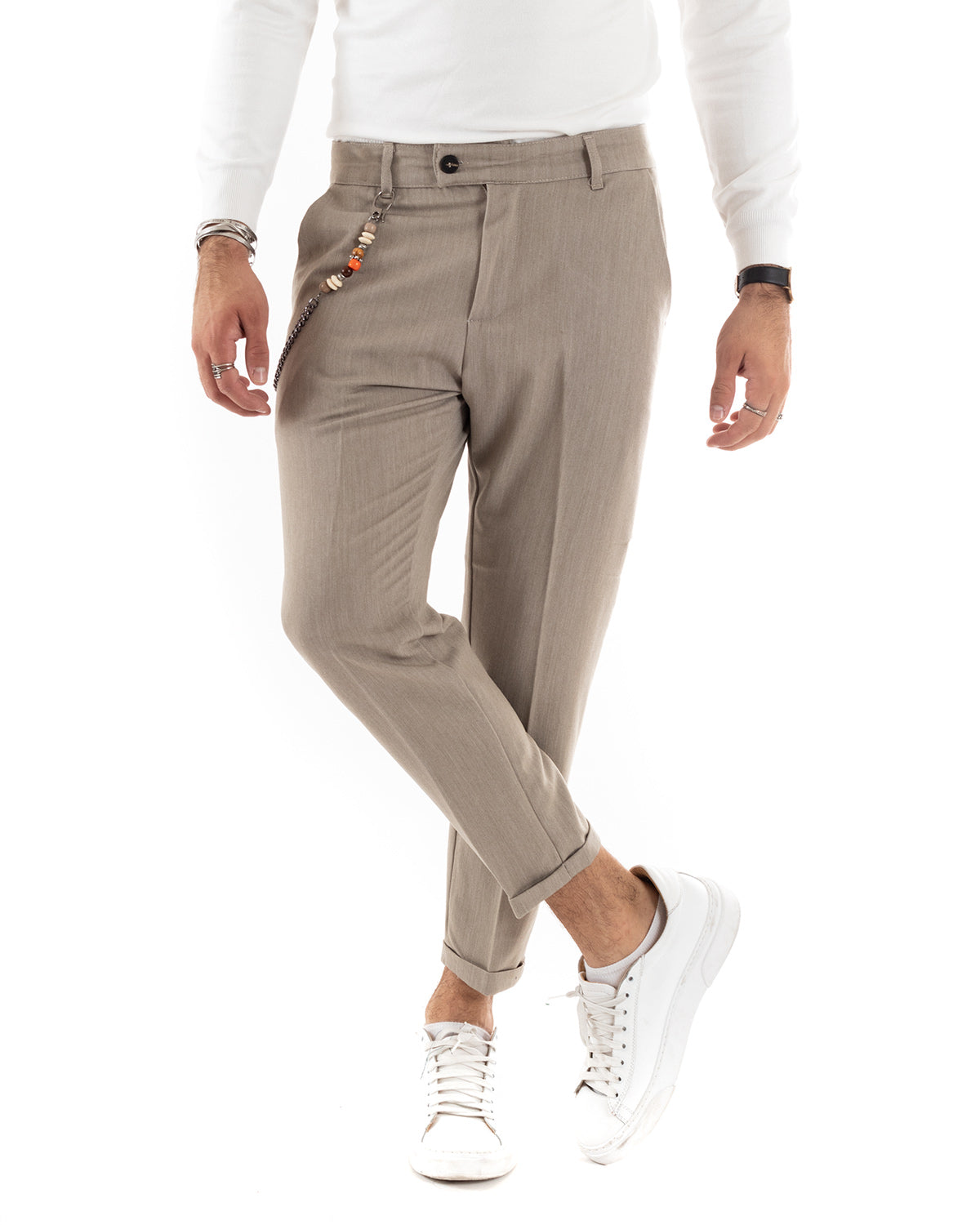 Pantaloni Uomo Viscosa Tasca America Classico Abbottonatura Allungata Casual Beige Melangiato GIOSAL-P5957A