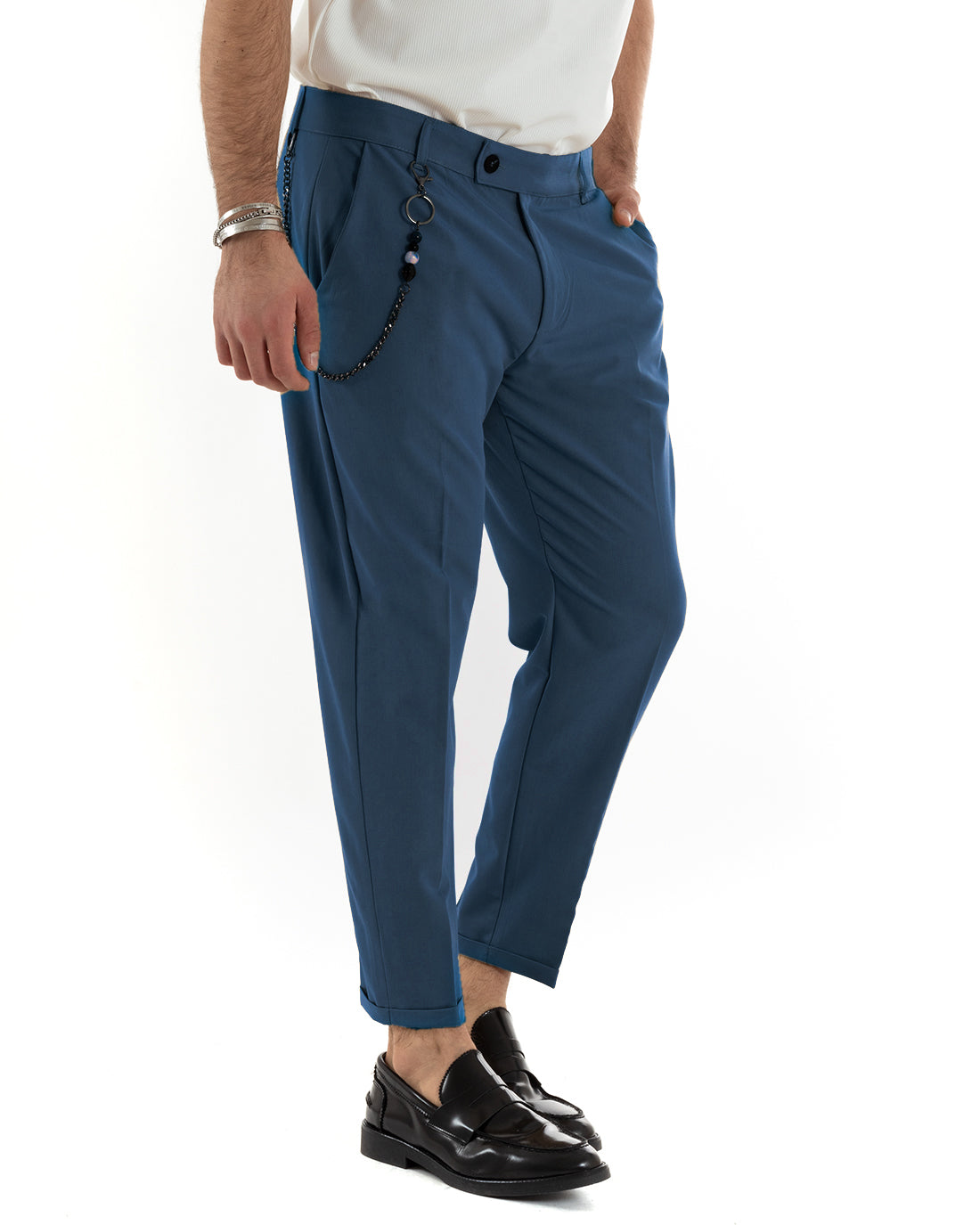 Pantaloni Uomo Viscosa Tasca America Classico Abbottonatura Allungata Casual Blu Royal GIOSAL-P5958A