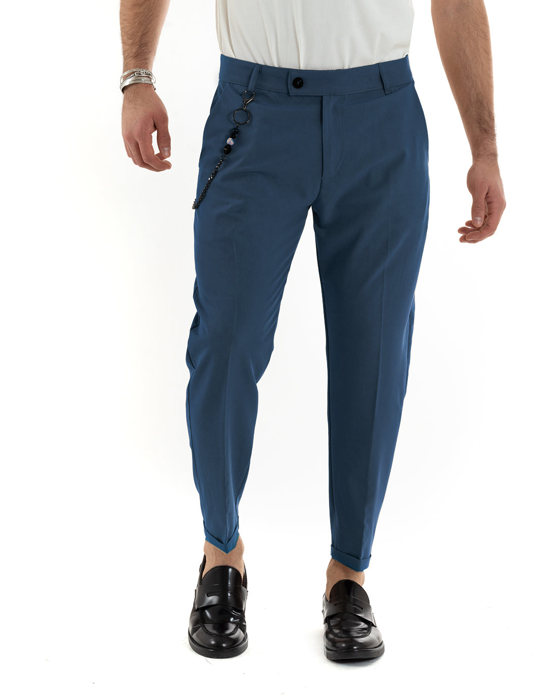 Pantaloni Uomo Viscosa Tasca America Classico Abbottonatura Allungata Casual Blu Royal GIOSAL-P5958A