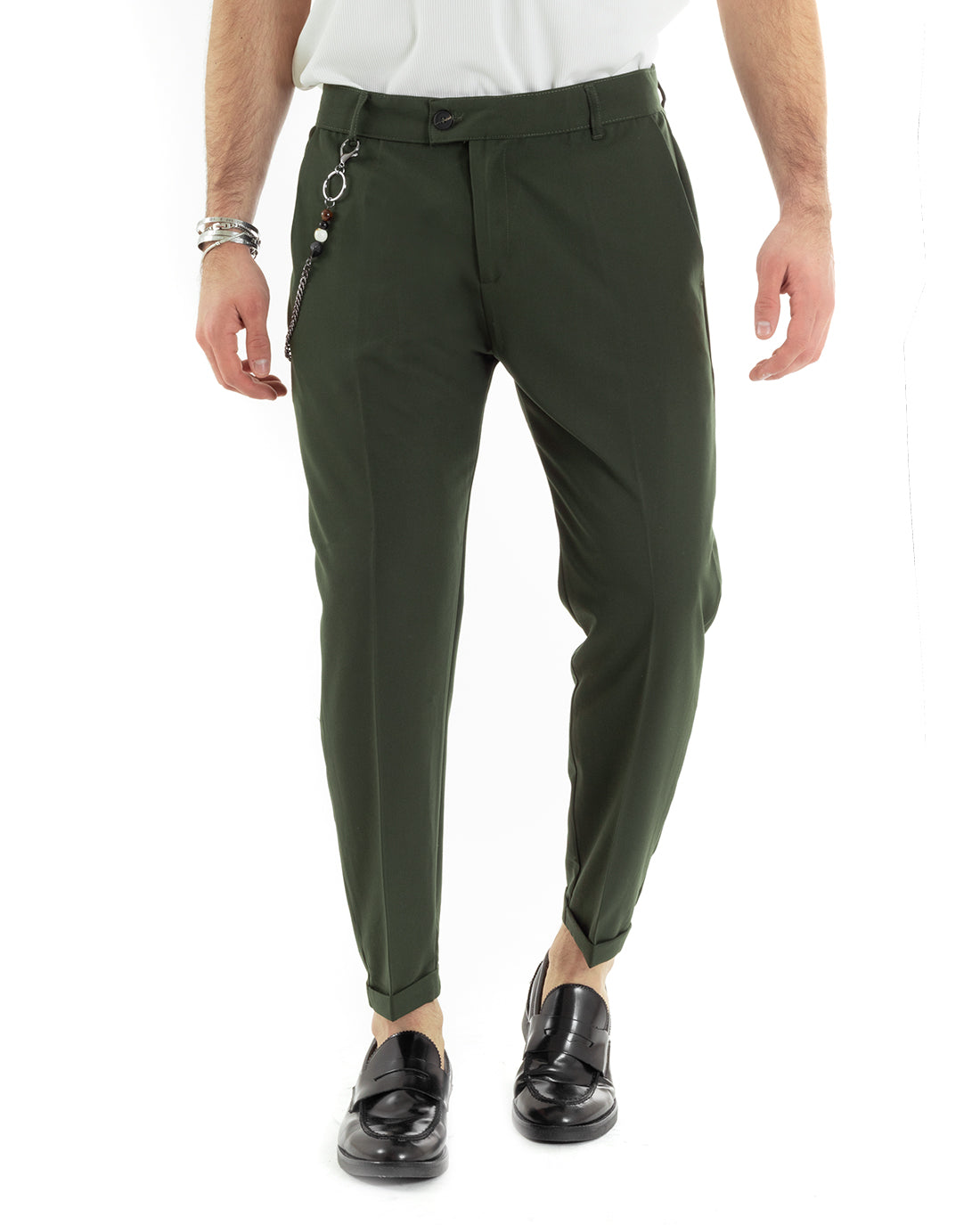 Pantaloni Uomo Viscosa Tasca America Classico Abbottonatura Allungata Casual Verde GIOSAL-P5964A