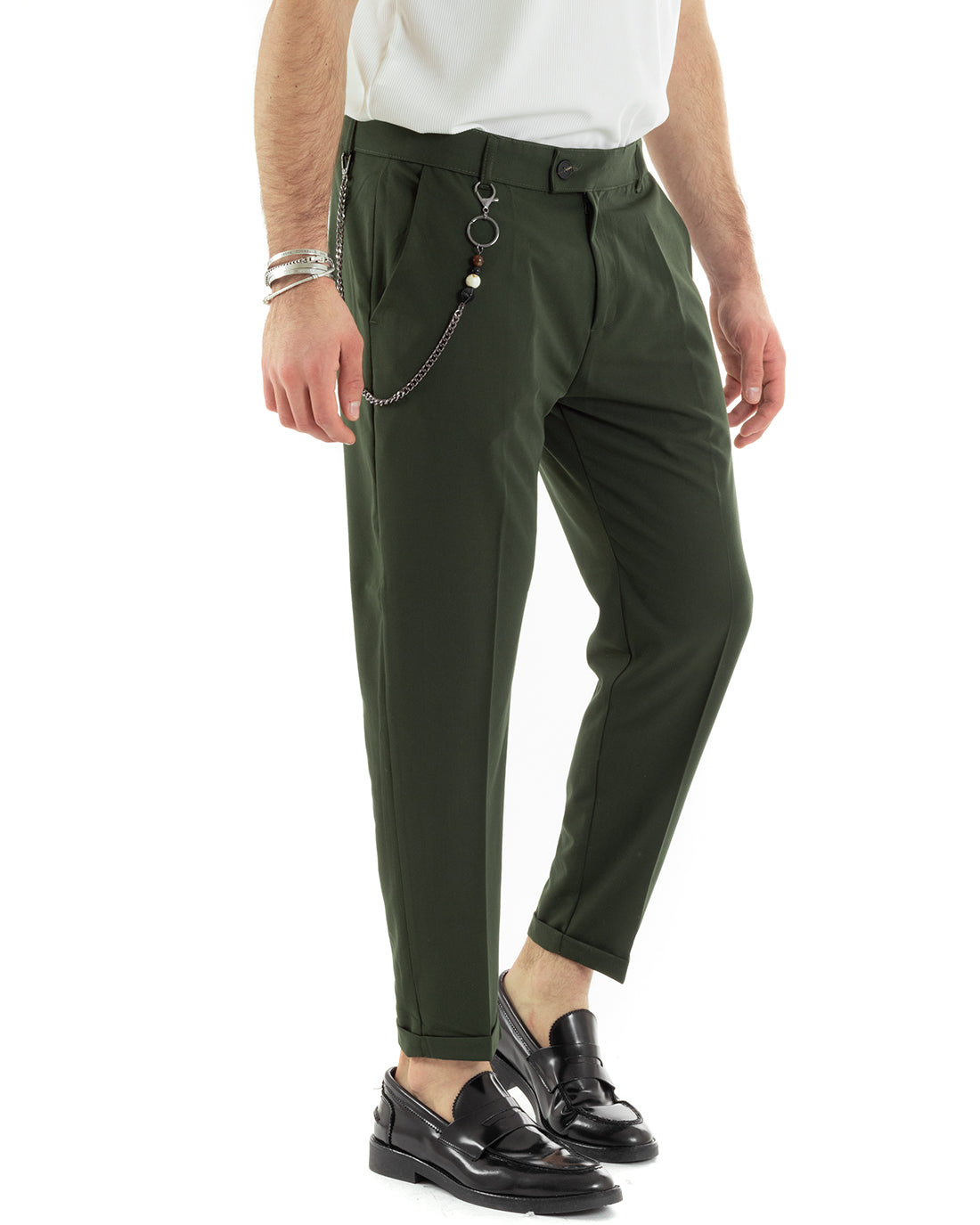 Pantaloni Uomo Viscosa Tasca America Classico Abbottonatura Allungata Casual Verde GIOSAL-P5964A