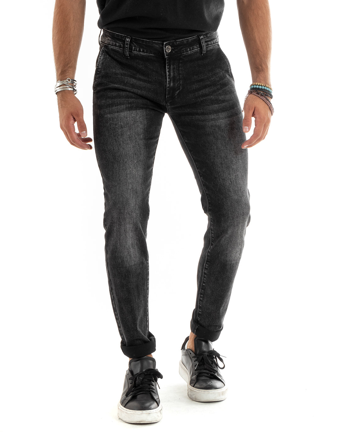Pantaloni Uomo Jeans Tasca America Slim Fit Nero Denim Stone Washed GIOSAL-P5966A