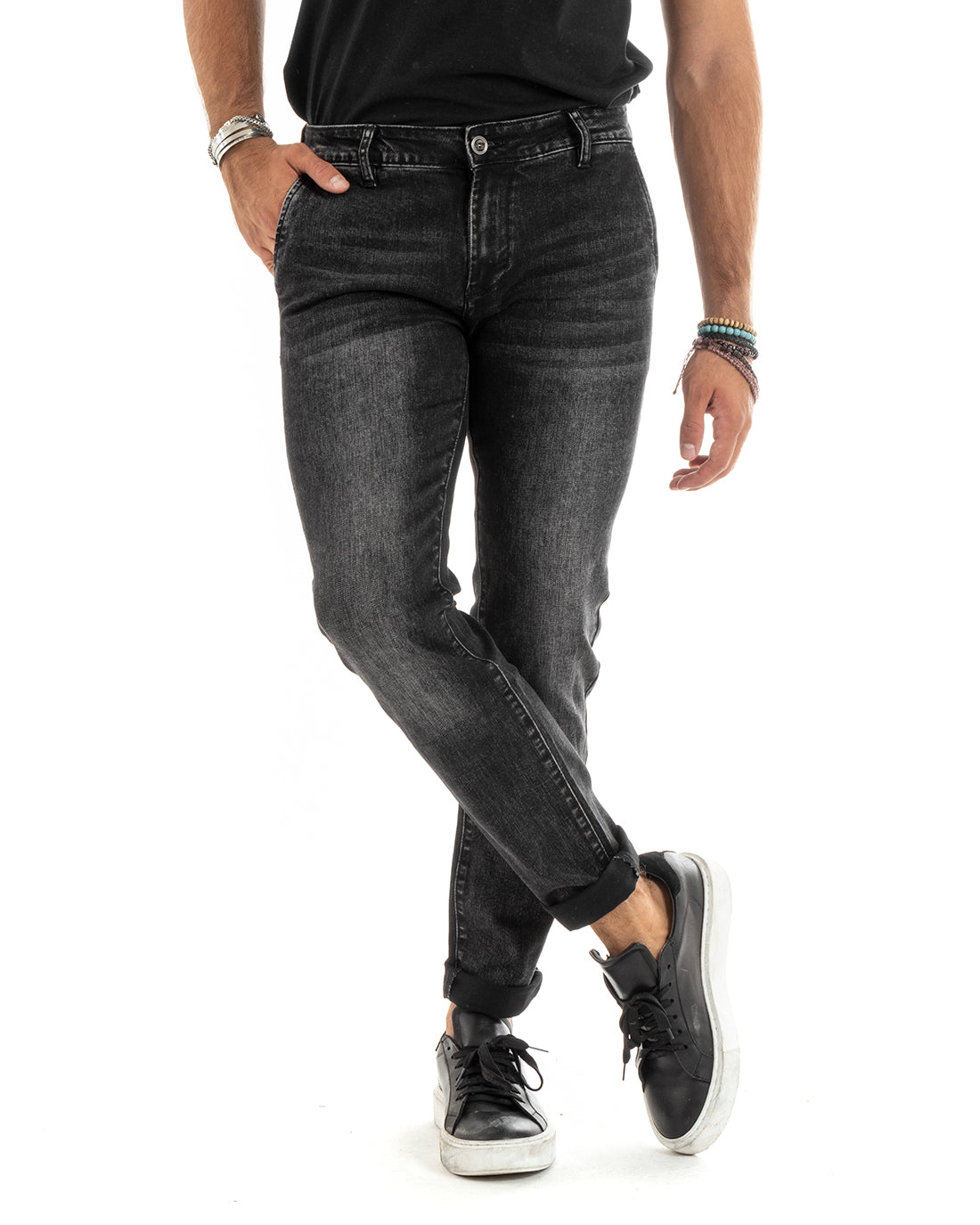 Pantaloni Uomo Jeans Tasca America Slim Fit Nero Denim Stone Washed GIOSAL-P5966A