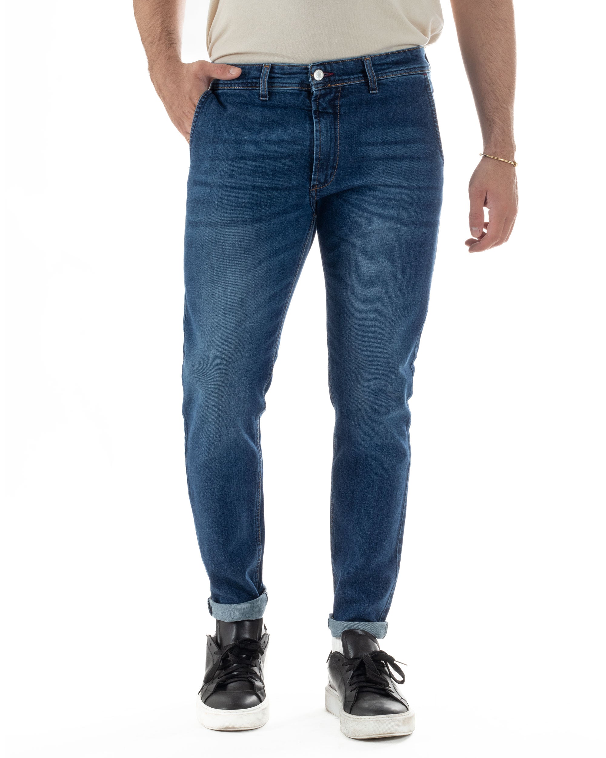 Pantaloni Uomo Jeans Tasca America Slim Fit Denim Stone Washed Blu GIOSAL-P5967A