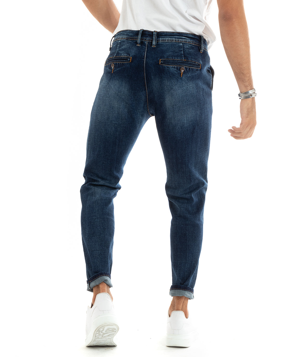 Pantaloni Uomo Jeans Tasca America Slim Fit Denim Stone Washed Blu GIOSAL-P5967A
