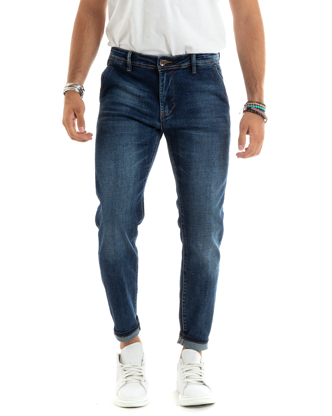 Pantaloni Uomo Jeans Tasca America Slim Fit Denim Stone Washed Blu GIOSAL-P5967A