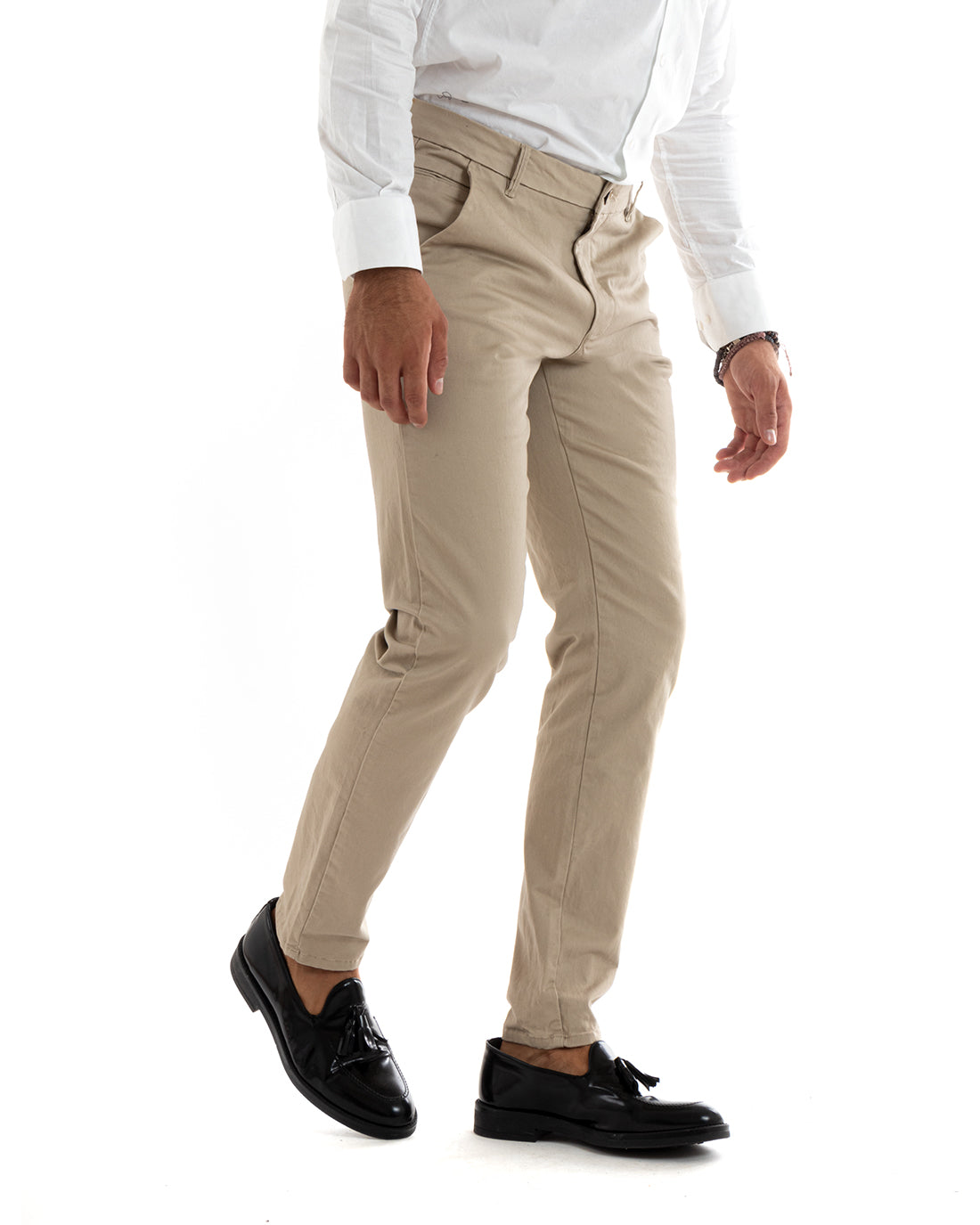 Pantaloni Uomo Cotone Raso Tasca America Slim Fit Tinta Unita Beige GIOSAL-P5970A