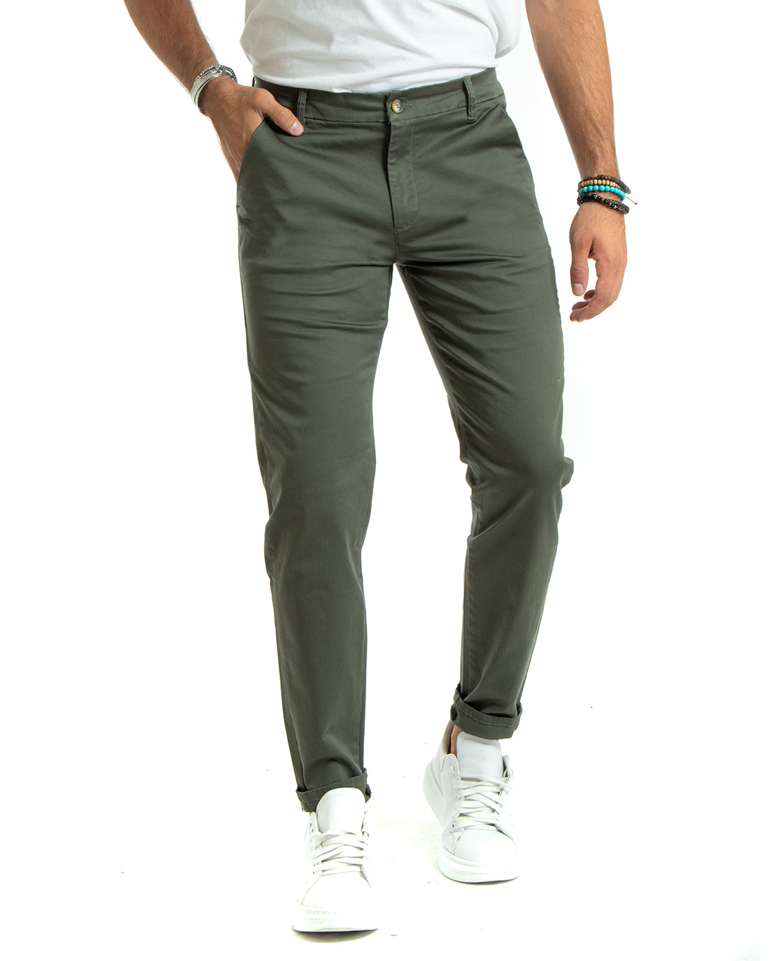 Pantaloni Uomo Cotone Raso Tasca America Slim Fit Tinta Unita Verde GIOSAL-P5972A
