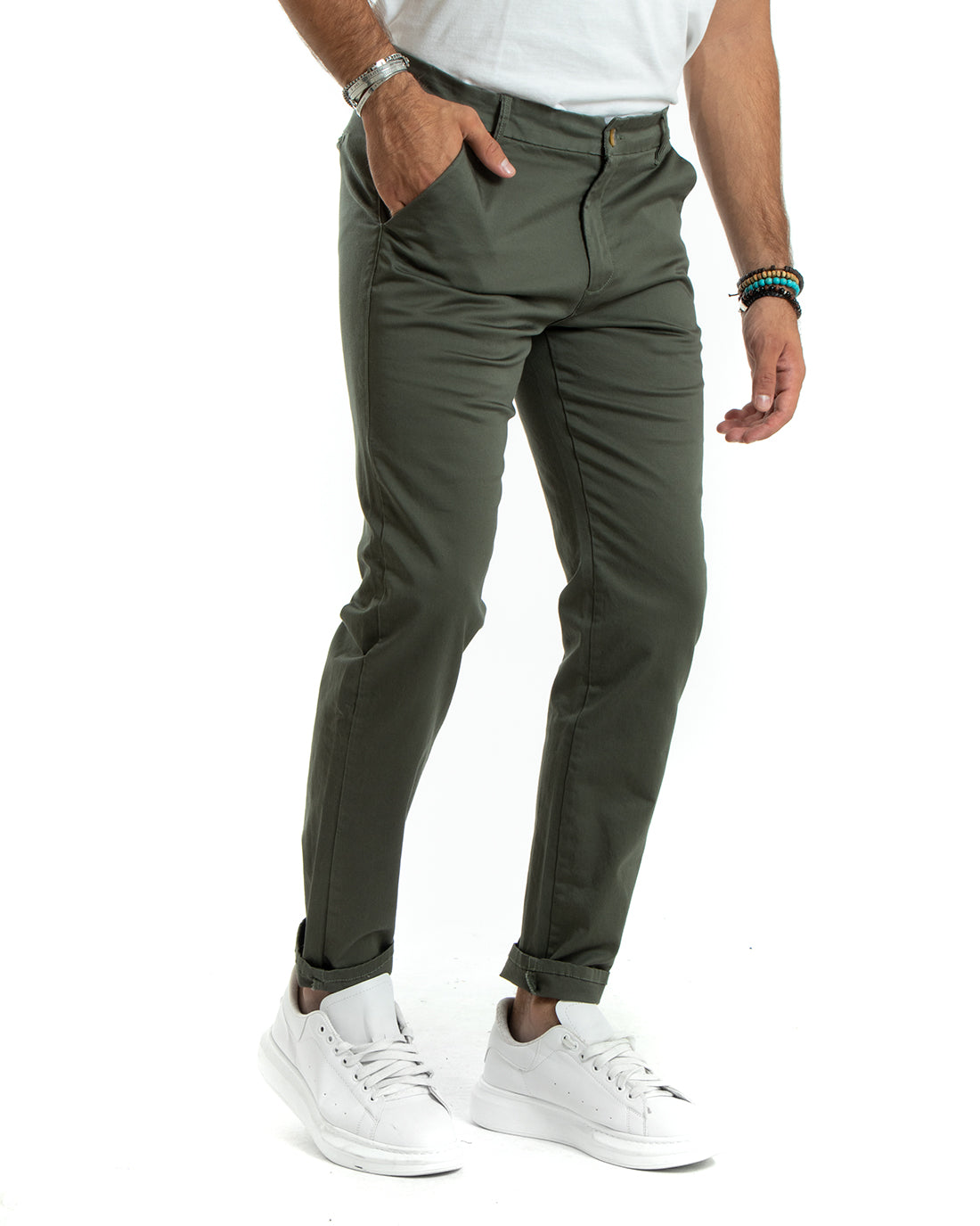 Pantaloni Uomo Cotone Raso Tasca America Slim Fit Tinta Unita Verde GIOSAL-P5972A
